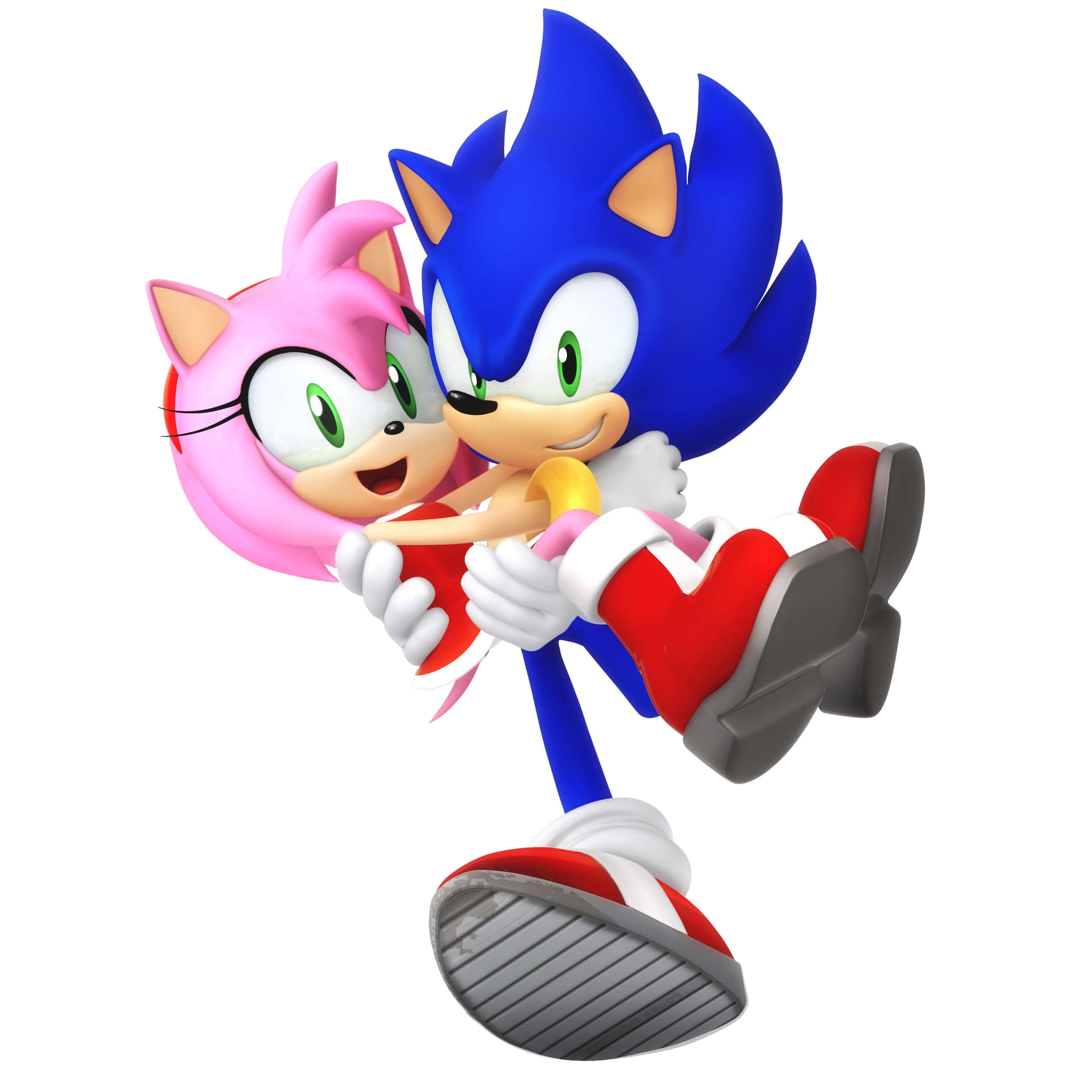 Sonic And Amy 桌布 壁紙 — Sonic the Hedgehog 與 Amy Rose 在純白色背景上以動態 3d 渲染姿勢歡樂地擁抱。