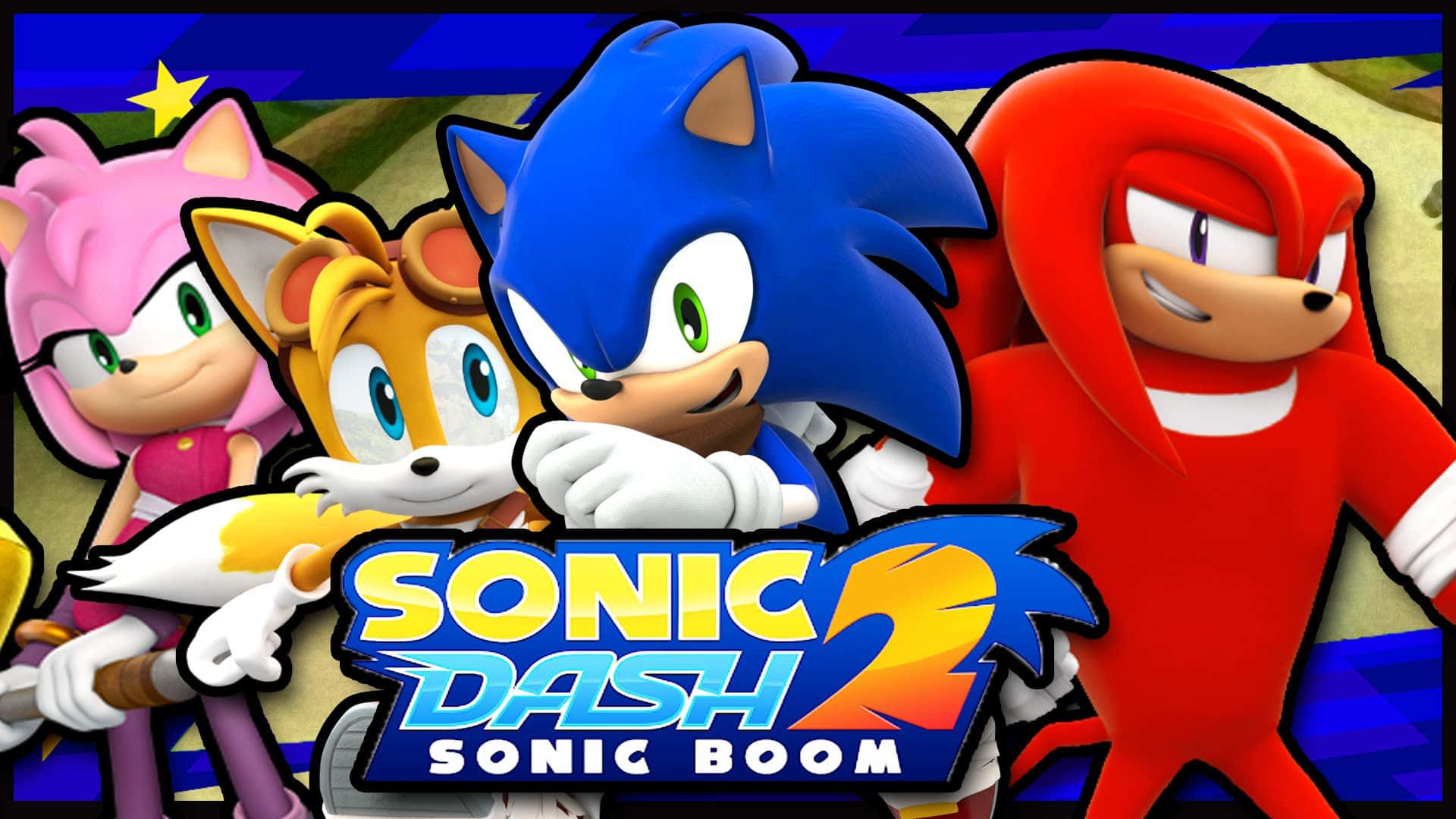 Sonic Dash 桌布 壁紙 — Sonic the Hedgehog 與 Sonic Dash 2 Sonic Boom 的朋友們在充滿活力的遊戲標題背景前動態擺姿勢。