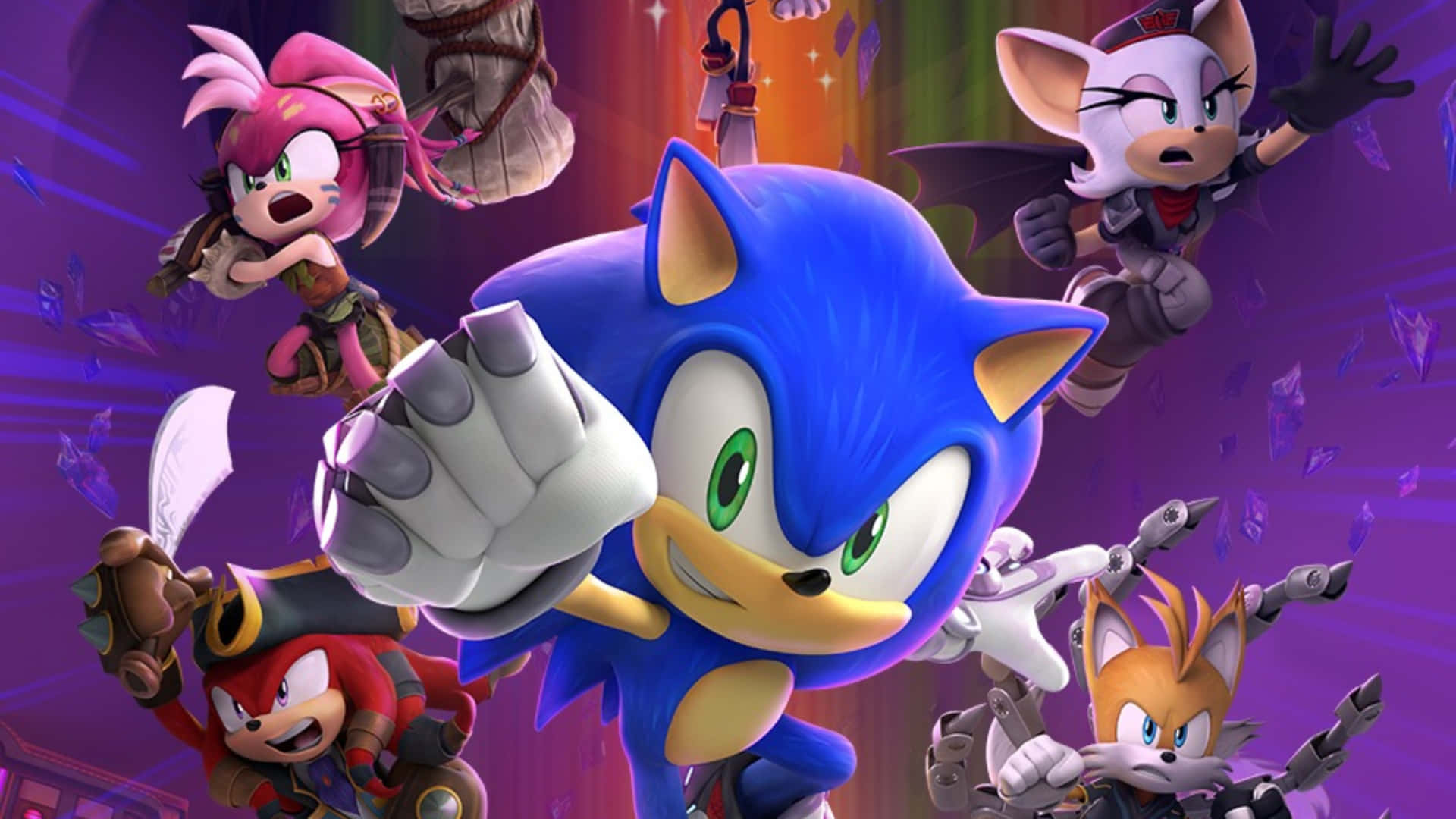  壁紙 — Sonic the Hedgehog 和朋友們在充滿活力的紫色背景上，以動態動作姿勢搭配漂浮的水晶。
