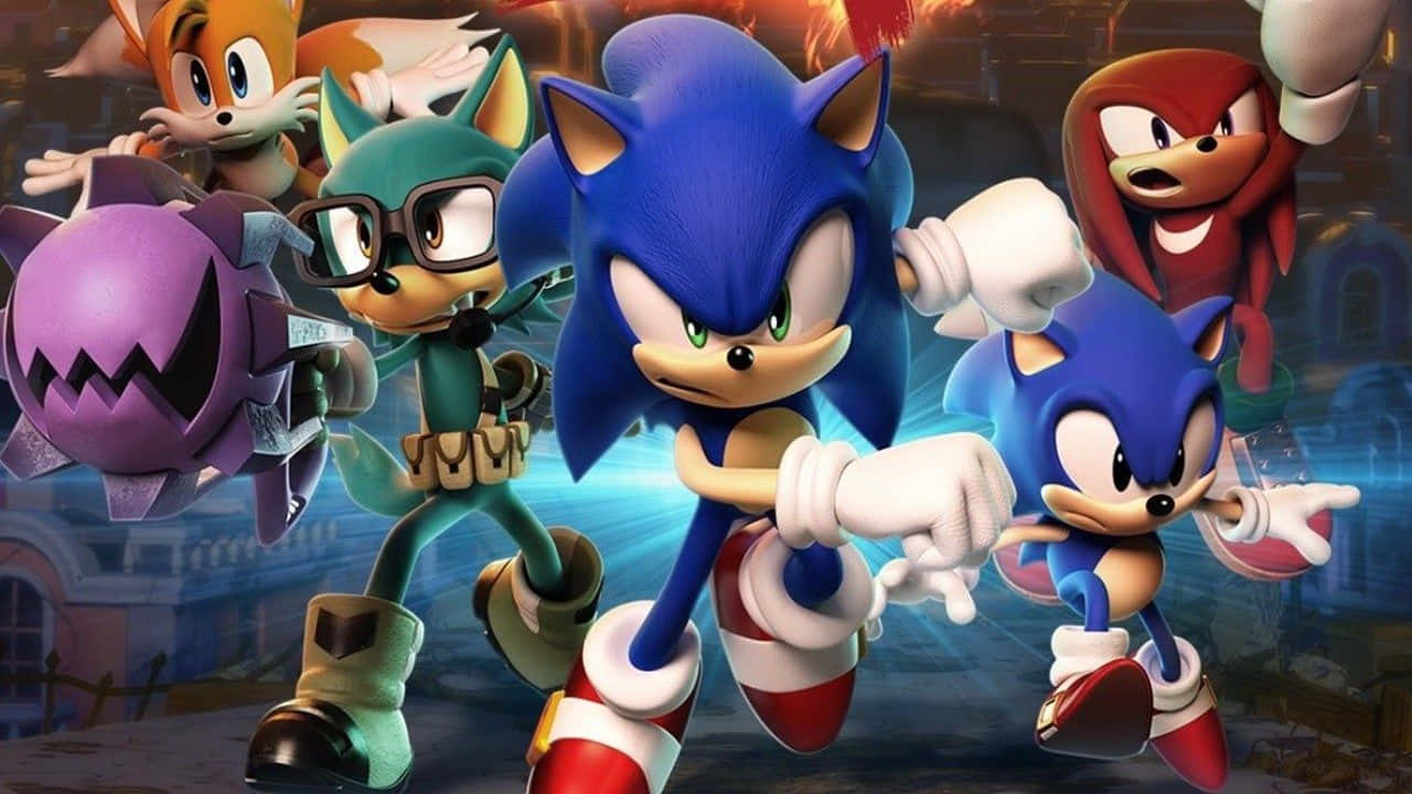 Sonic Forces Speed Battle 桌布 壁紙 — Sonic the Hedgehog 與朋友們以動感十足的動作姿態，伴隨著發光的藍色能量效果，以火熱的城市為背景。