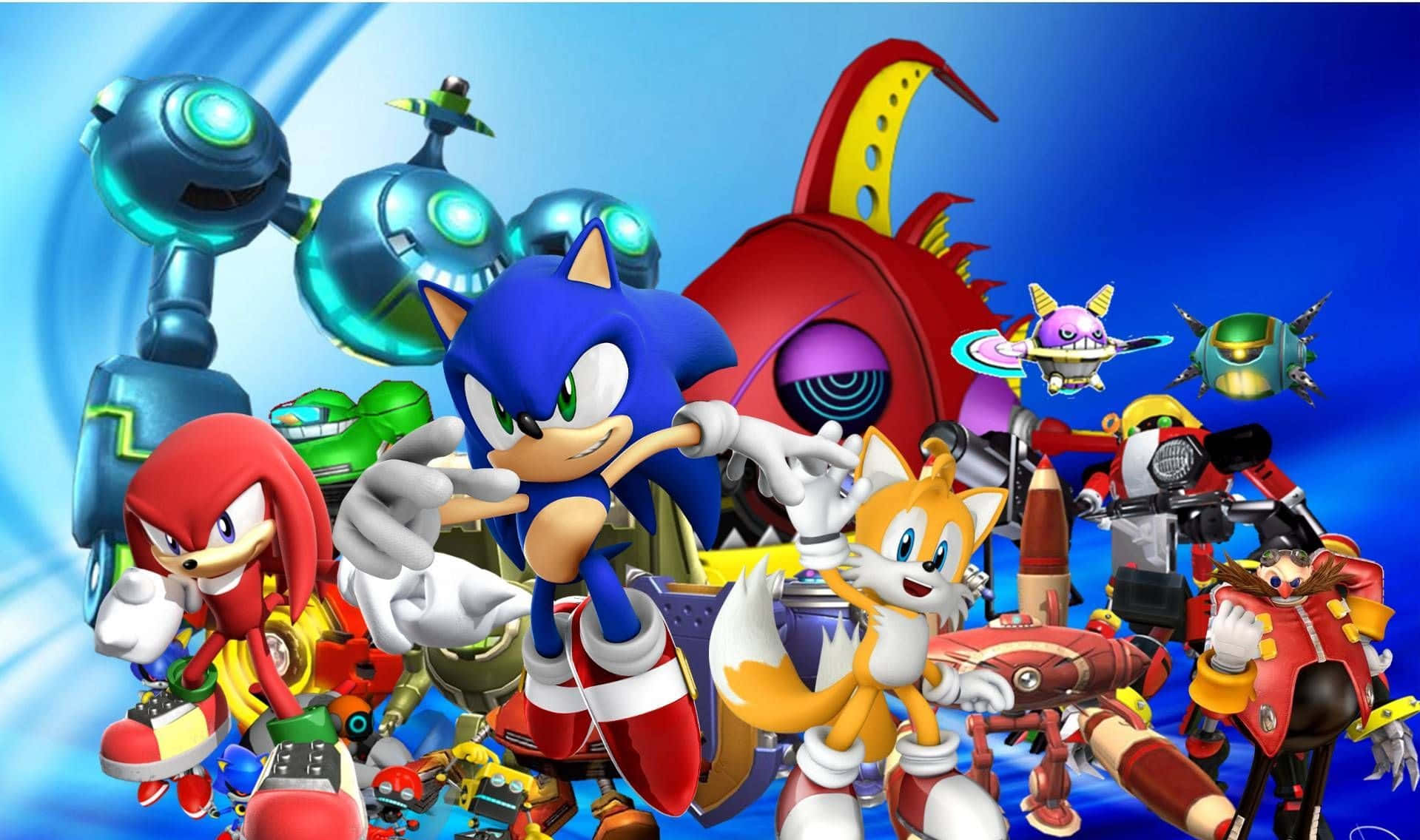 Sonic Dash 桌布 壁紙 — Sonic the Hedgehog 和朋友們在充滿活力的藍色背景上，與未來風格的機器人和車輛一起英雄式地擺姿勢。
