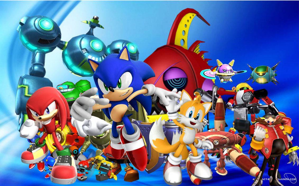 Sonic 和他的朋友們在一個充滿機器人和車輛的動態遊戲場景中。 — 索尼克 壁紙