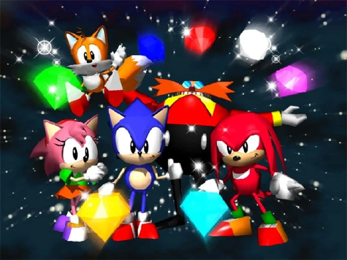 Chaos Emeralds 桌布 壁紙 — Sonic the Hedgehog 和朋友們英勇地站在漂浮的彩色寶石中，背景是閃爍的宇宙。