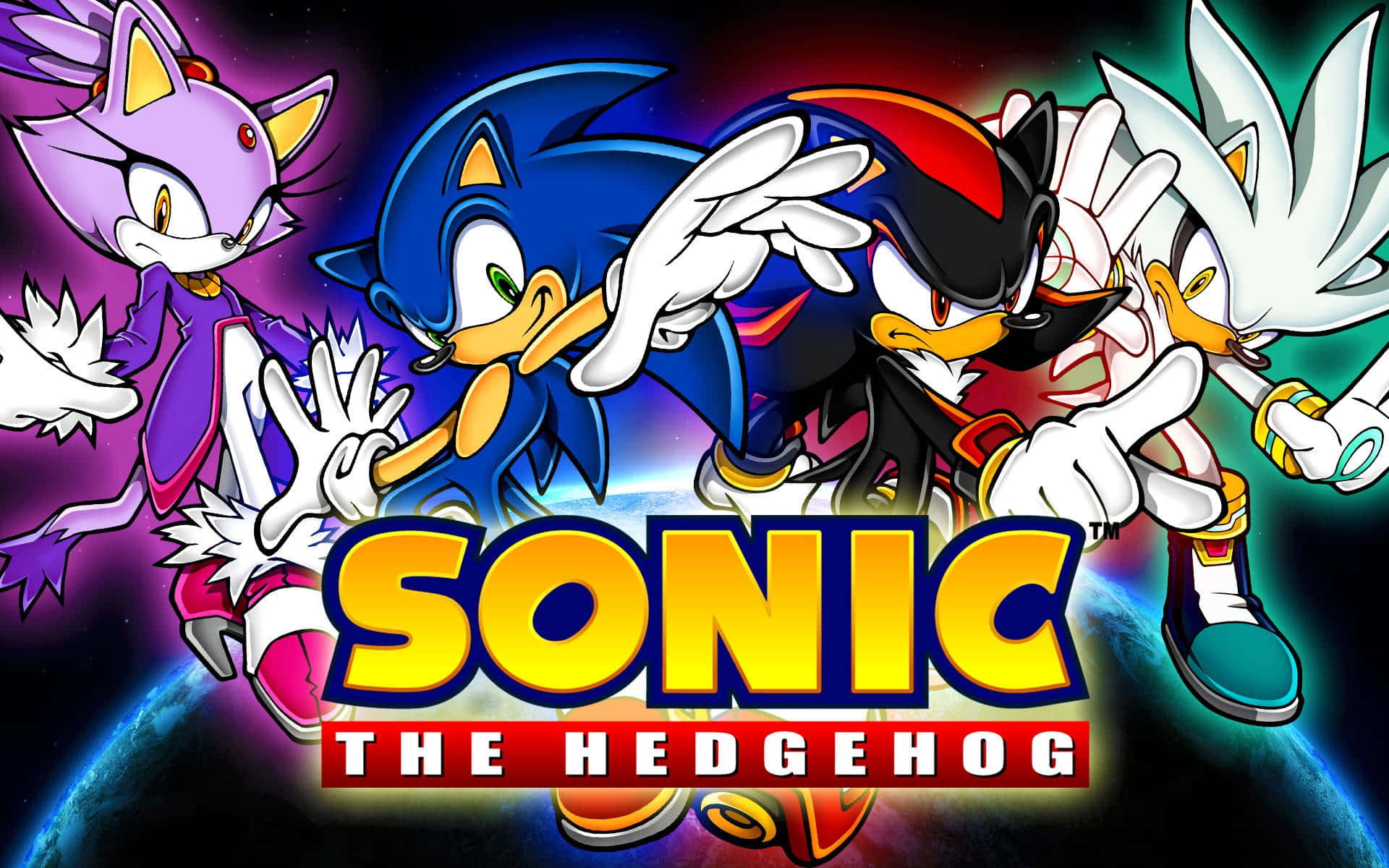 Sonic The Hedgehog Characters 桌布 壁紙 — Sonic the Hedgehog 和他的盟友在宇宙背景下以鮮豔的霓虹色彩和粗體標題文字動態擺姿勢。