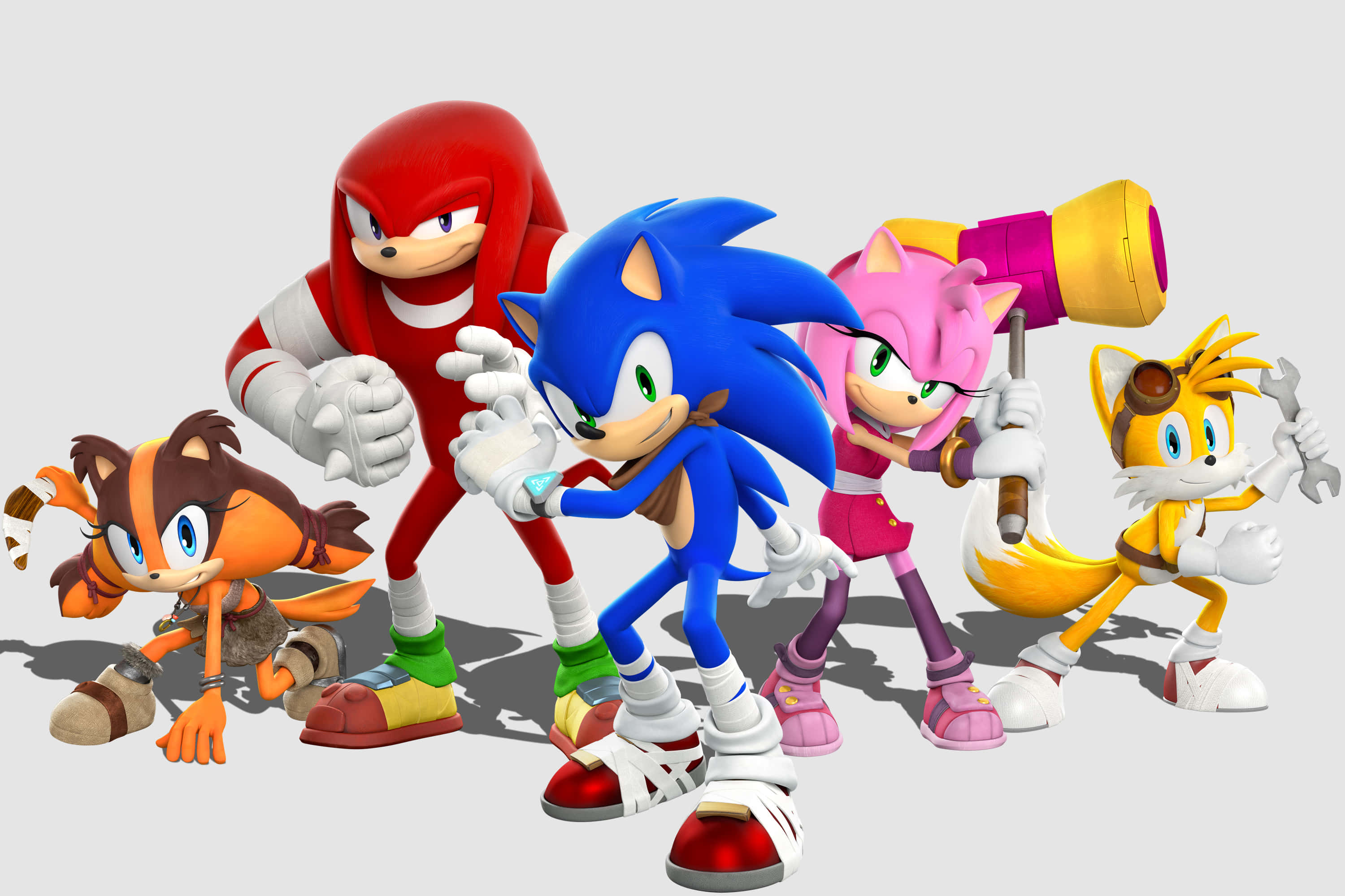 sonic boom 桌布 壁紙 — Sonic the Hedgehog 和他的朋友們在純灰色背景上以充滿活力的 3D 渲染動畫動態擺姿勢。