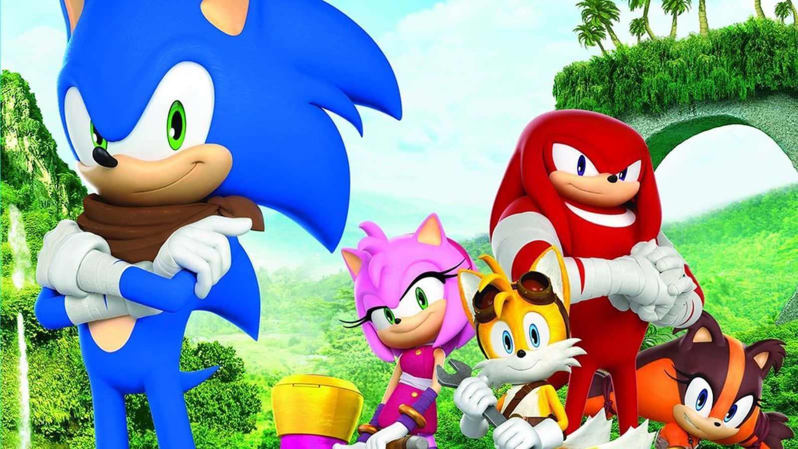 Sonic Dash 桌布 壁紙 — Sonic the Hedgehog 和他的朋友們在一片充滿棕櫚樹和瀑布的翠綠叢林景觀中英勇地擺出姿勢。