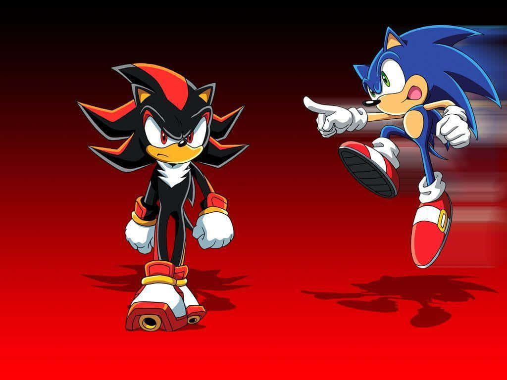 Sonic X 桌布 壁紙 — Sonic the Hedgehog 和 Shadow the Hedgehog 在戲劇性的紅色漸變背景前對峙。