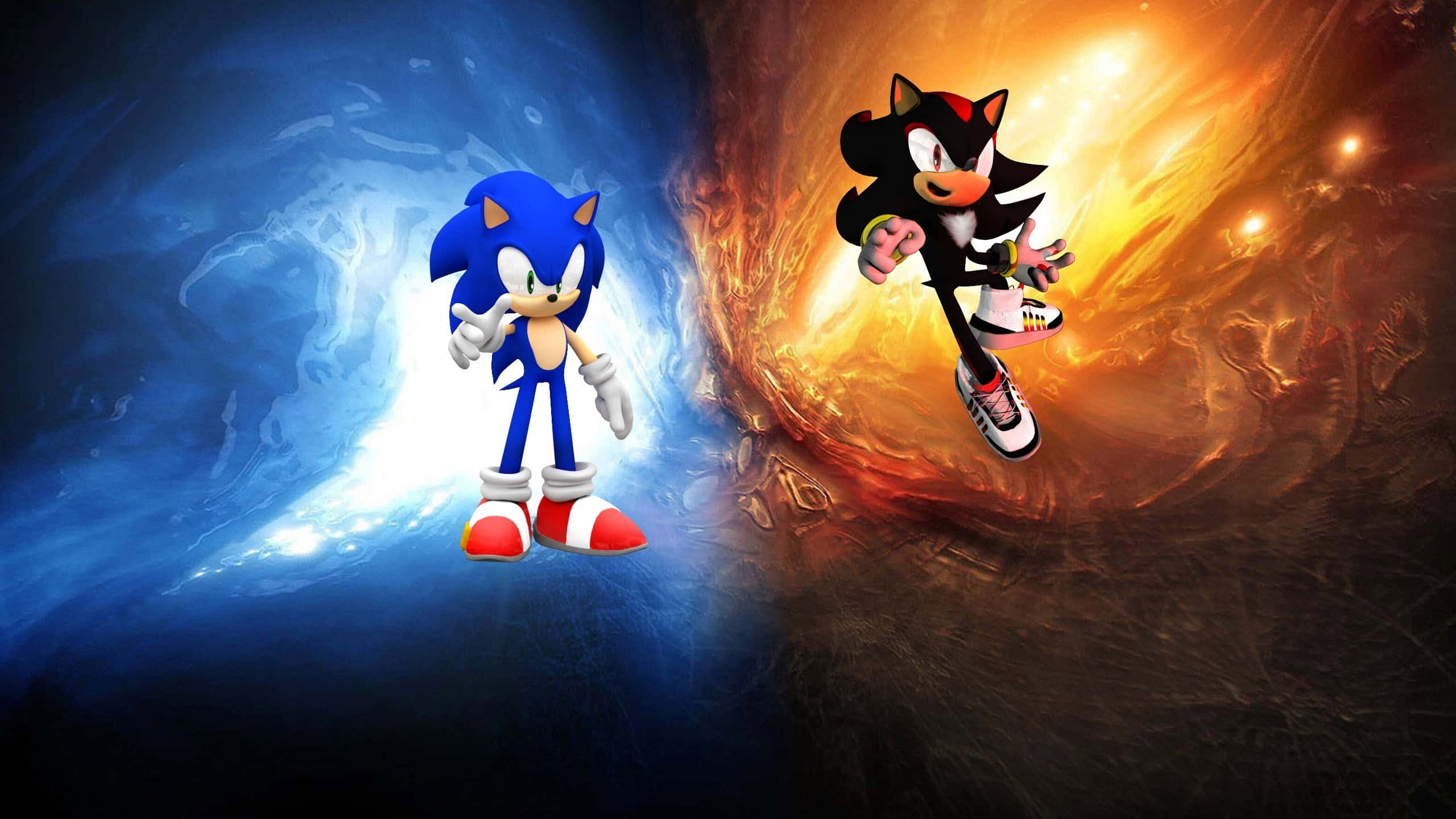 Sonic And Shadow 桌布 壁紙 — Sonic the Hedgehog 與 Shadow the Hedgehog 在一個戲劇性的藍色和橙色宇宙隧道中對峙。