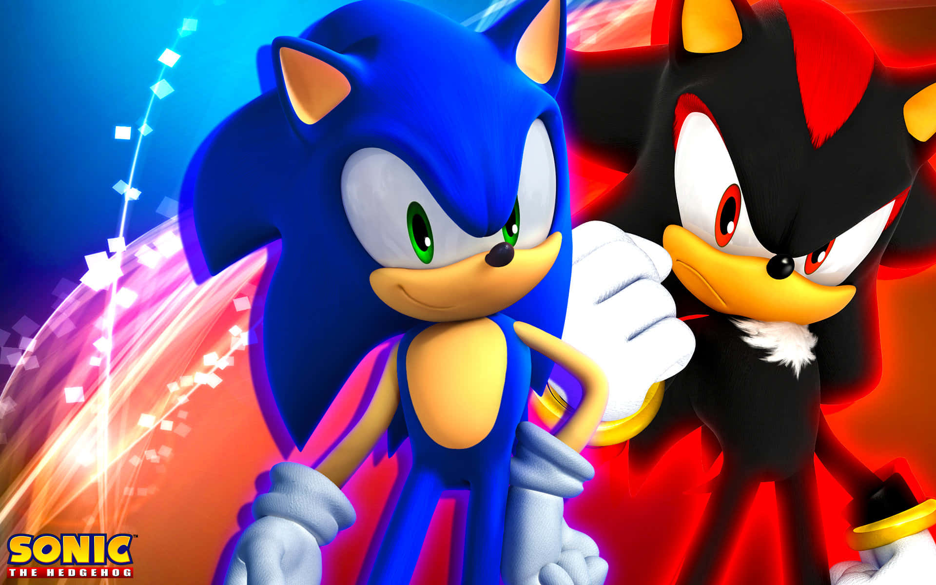 Sonic And Shadow 桌布 壁紙 — Sonic the Hedgehog 和 Shadow the Hedgehog 並肩站立，背景是充滿活力的藍色和紅色能量背景，帶有發光粒子。