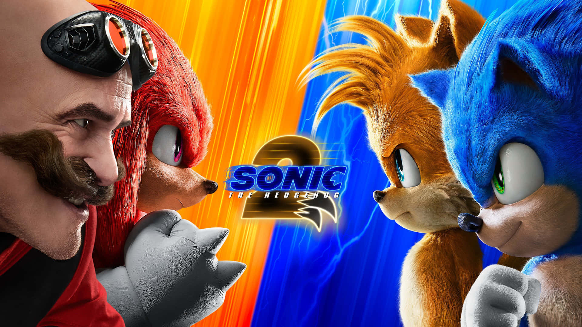 Sonic Movie 桌布 壁紙 — Sonic the Hedgehog 與 Tails 在充滿活力的電影式對決中對抗 Dr. Eggman 和 Knuckles。
