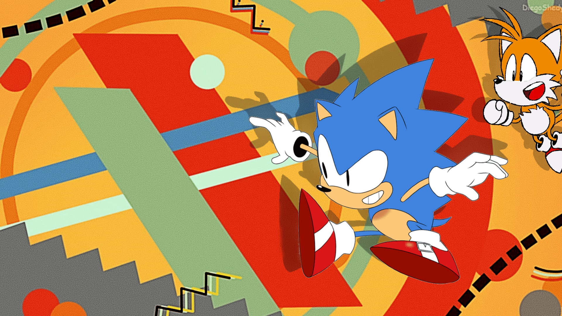 Sonic 和 Tails 在色彩繽紛的抽象形狀中奔馳。 — 索尼克 壁紙
