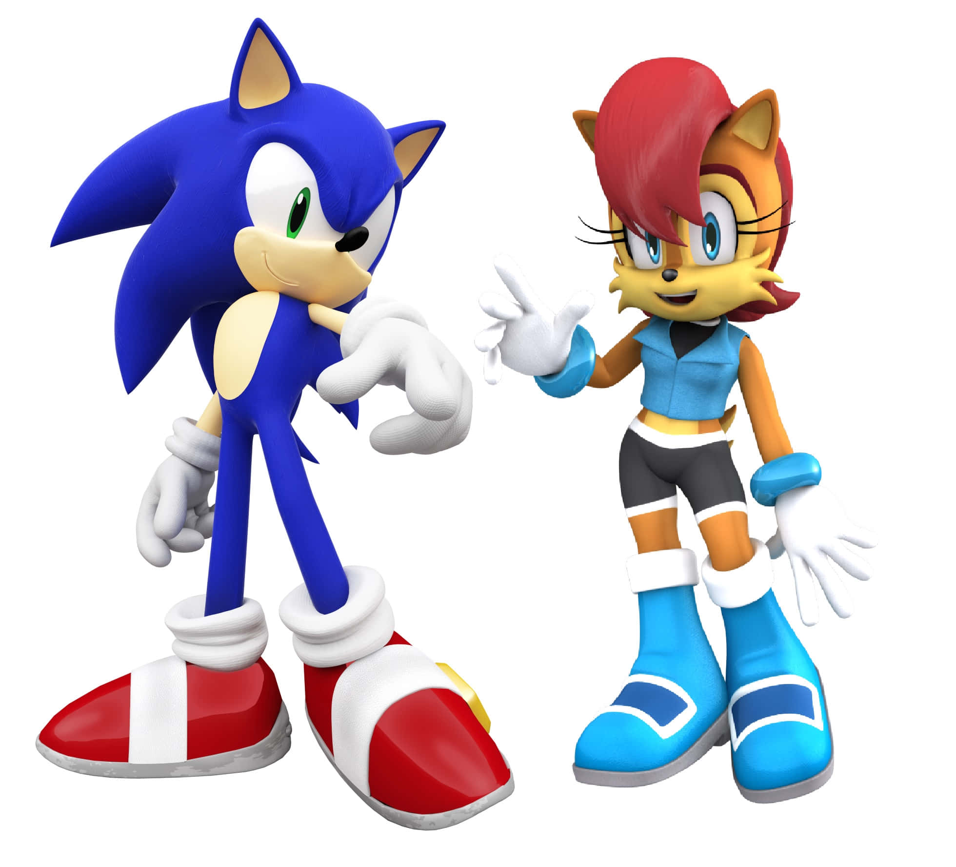 Sonic And Sally 桌布 壁紙 — Sonic the Hedgehog 和他的朋友 Tails 在白色背景前以明亮的 3D 渲染姿勢並肩站立。