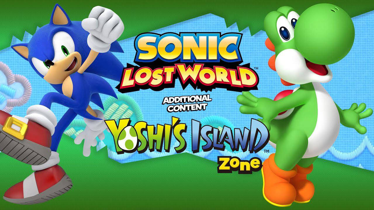 World 桌布 壁紙 — Sonic the Hedgehog 和 Yoshi 在風格化的綠色和藍色背景前，愉快地在鮮豔的遊戲標題文字旁擺姿勢。