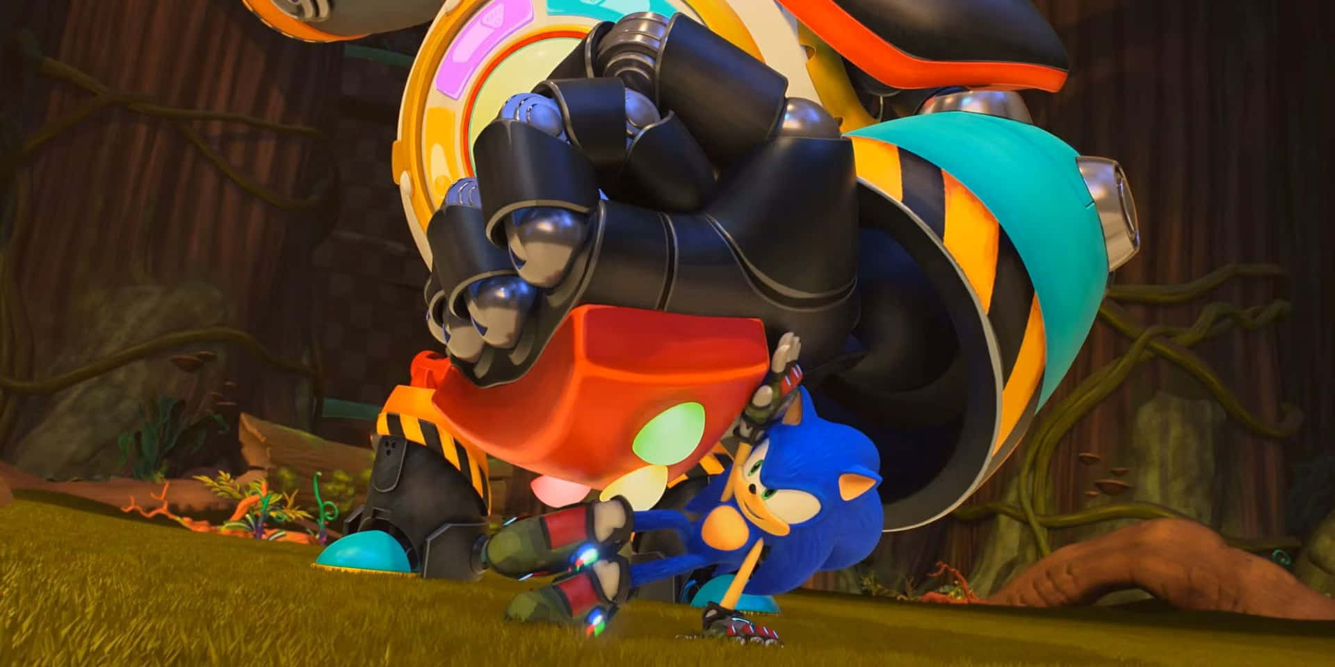  壁紙 — Sonic the Hedgehog 在充滿活力的叢林場景中與巨大的機械拳頭戰鬥，帶有發光點綴。