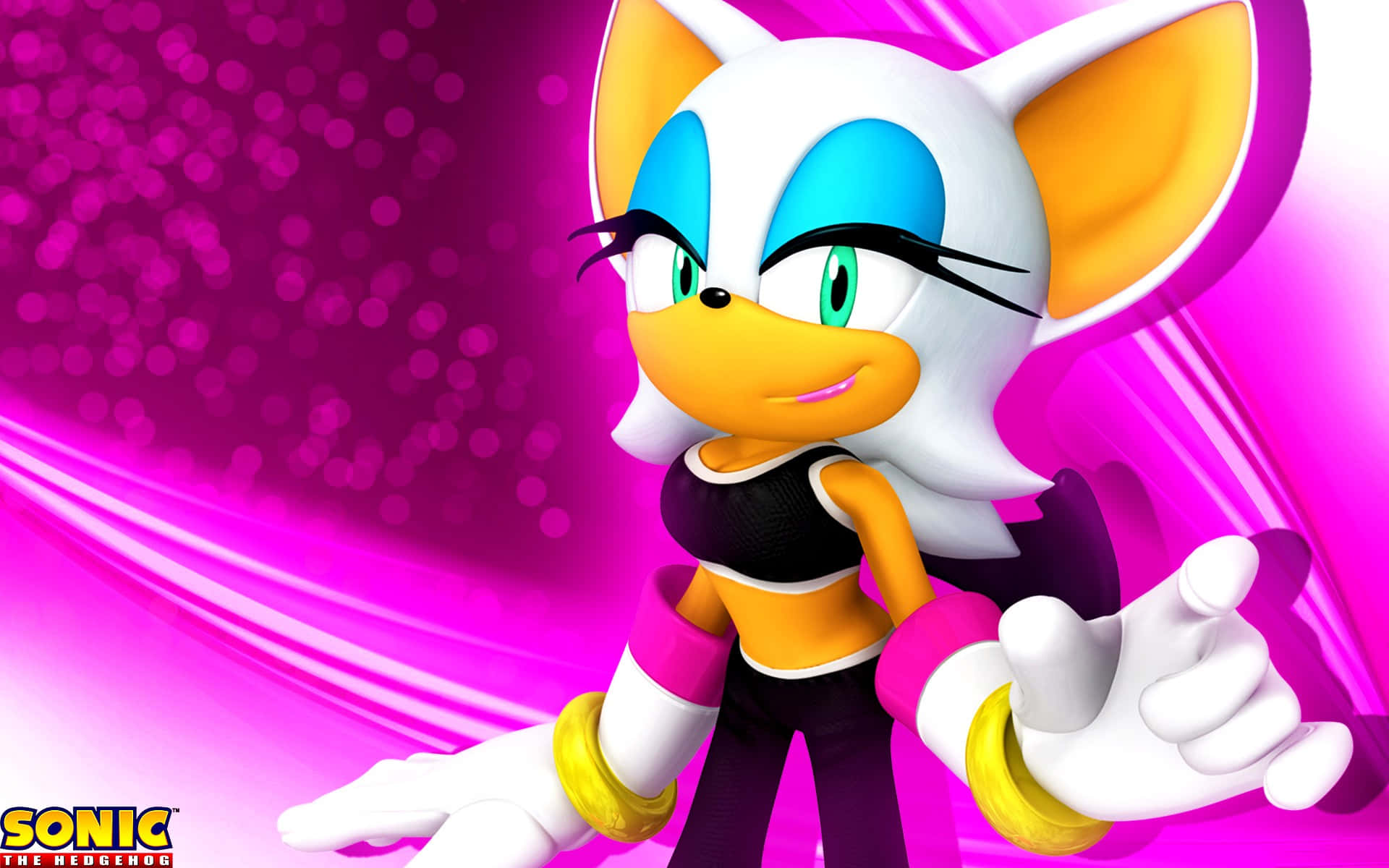 Rouge The Bat 桌布 壁紙 — Sonic the Hedgehog 角色 Rouge the Bat 在帶有發光條紋的鮮豔粉紅和紫色抽象背景前自信地擺姿勢。
