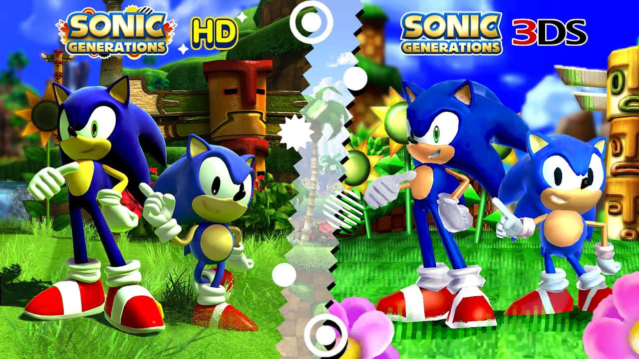  壁紙 — Sonic the Hedgehog 角色在分割畫面中比較 HD 和 3DS 遊戲版本，背景是充滿活力的綠色草地景觀。