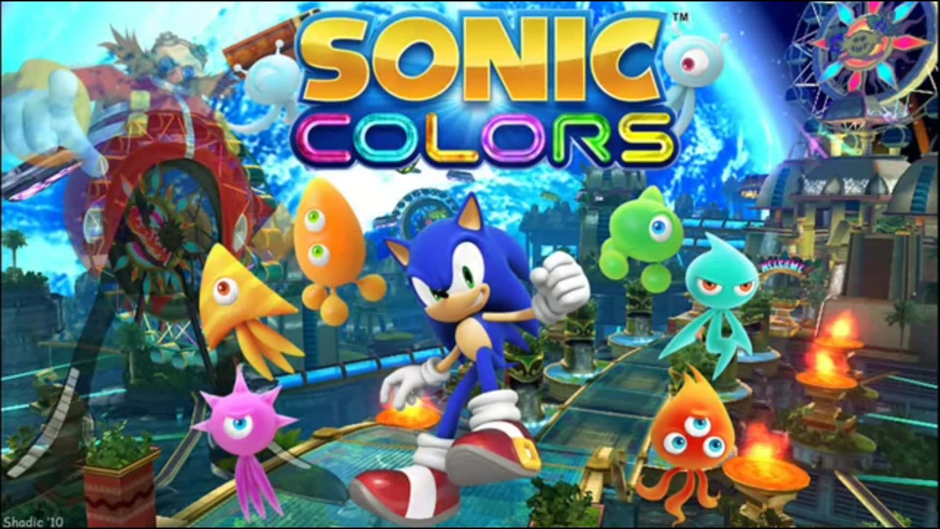遊戲 桌布 壁紙 — Sonic the Hedgehog 穿過充滿活力的未來城市景觀，有色彩繽紛的漂浮生物和發光的霓虹燈。