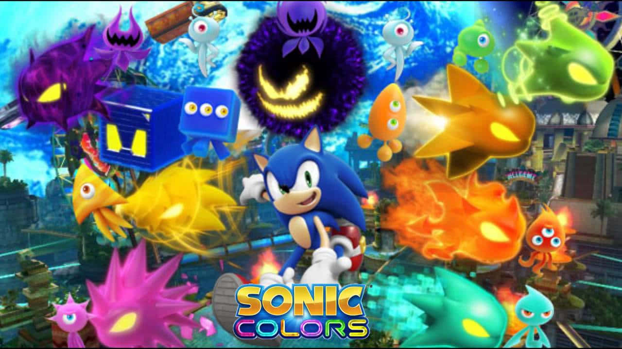 Sonic Colors 桌布 壁紙 — Sonic the Hedgehog 穿過一個充滿色彩繽紛發光敵人和漂浮物體的活潑混亂場景。
