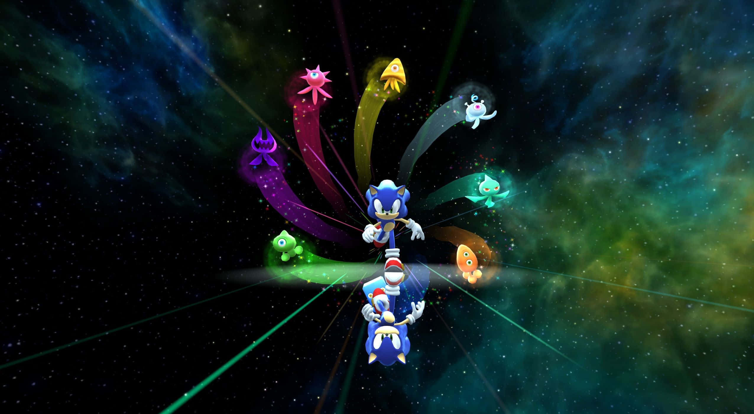 桌布 壁紙 — Sonic the Hedgehog 穿過宇宙星雲飛馳，身後跟著色彩繽紛的外星生物。