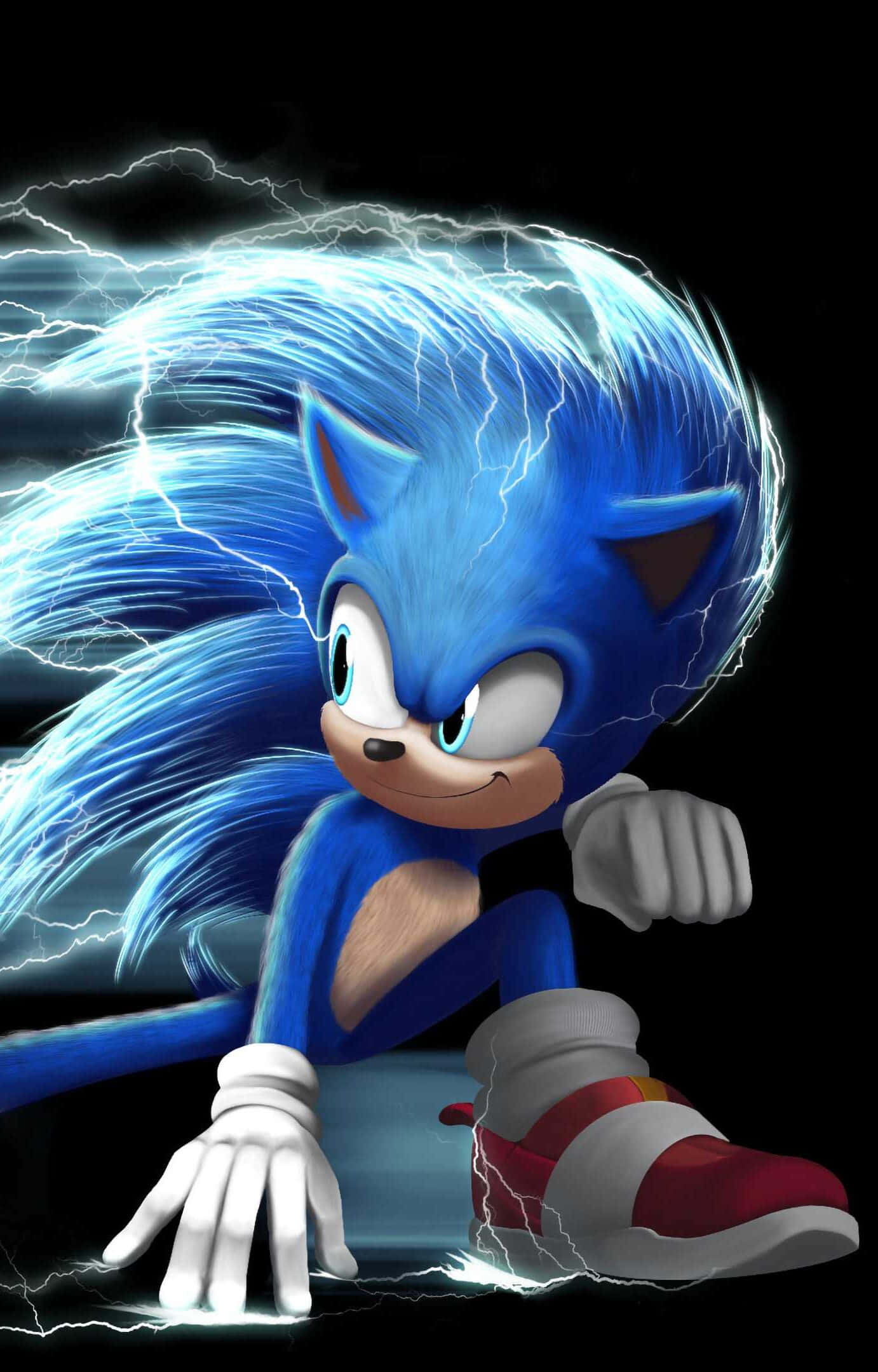 Sonic Art 桌布 壁紙 — Sonic the Hedgehog 以動態姿勢蹲下，被劈啪作響的藍色閃電包圍，背景為黑色。