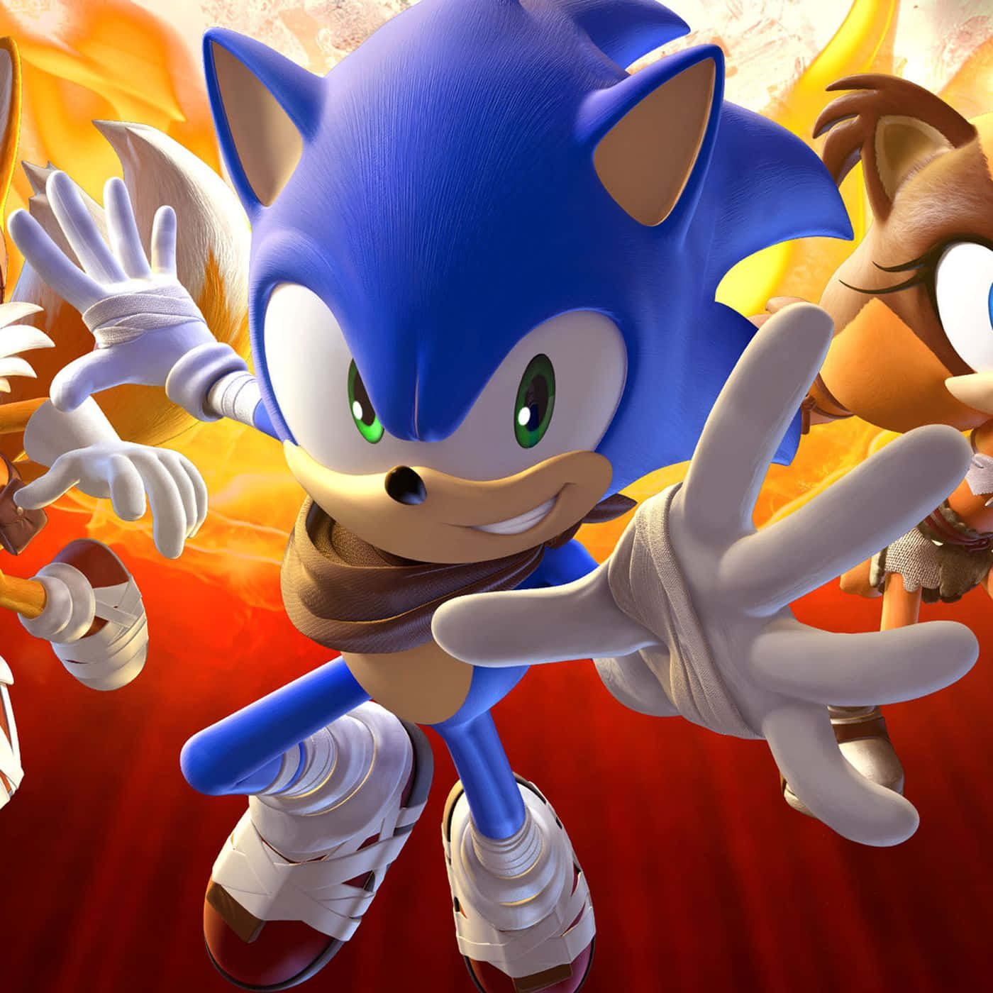 Sonic The Hedgehog 桌布 壁紙 — Sonic the Hedgehog 帶著愉快的笑容，在熾熱的橙色和紅色背景中向前衝刺。