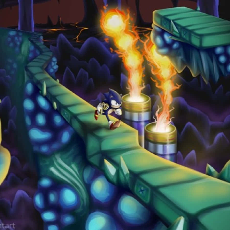 Sonic Lava Reef 桌布 壁紙 — Sonic the Hedgehog 在深紫色洞穴中衝過發光的綠色橋樑，躲避火焰危險。