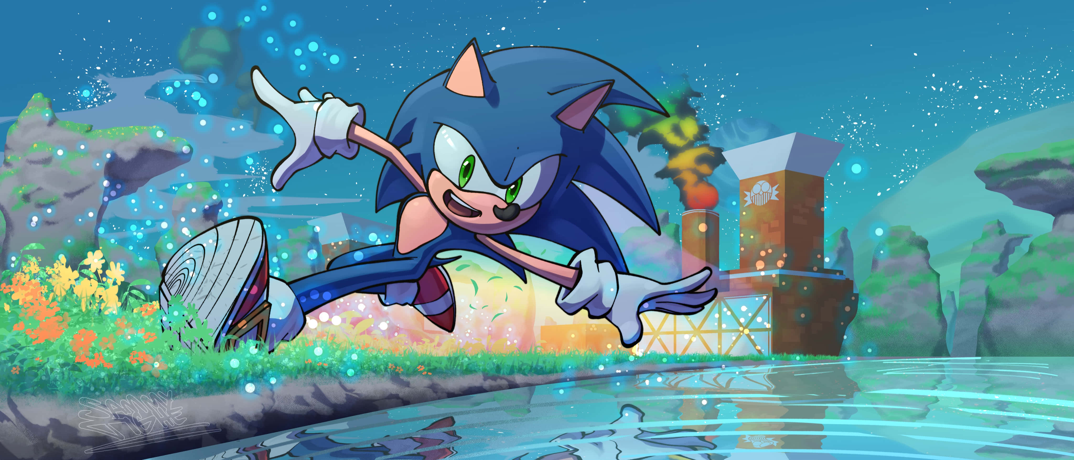 Sonic Planet Wisp 桌布 壁紙 — Sonic the Hedgehog 在發光的海岸線上疾馳，背景有一座未來感建築。