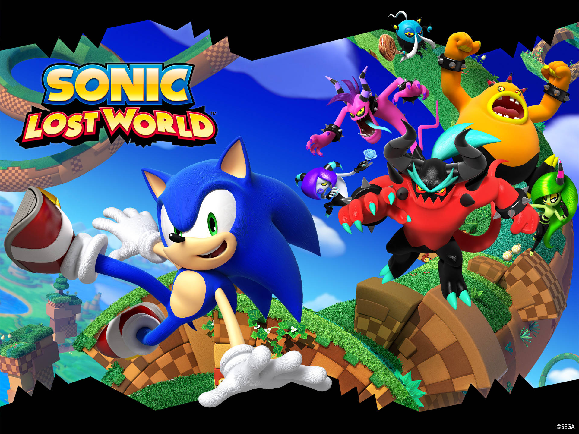 World 桌布 壁紙 — Sonic the Hedgehog 在充滿活力的 3D 渲染遊戲場景中向前衝刺，周圍有色彩繽紛的敵人和浮島。