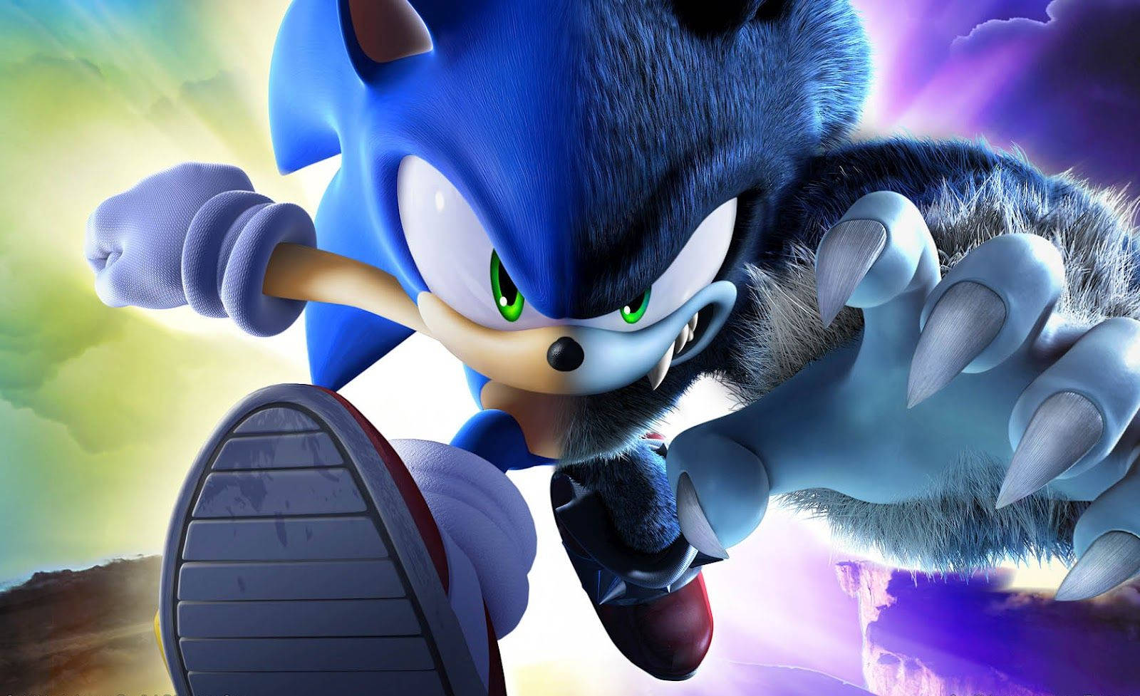 索尼克 桌布 壁紙 — Sonic the Hedgehog 向前衝刺，發出綠色光芒的眼睛和鋒利的爪子，映襯著充滿活力的漸變天空。