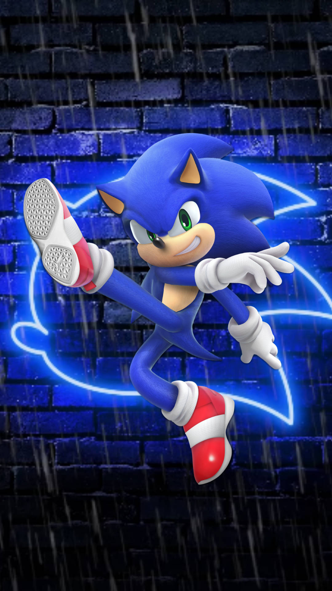 Cool Sonic 桌布 壁紙 — Sonic the Hedgehog 在半空中衝向一面被雨水打濕、散發著藍色霓虹光的磚牆。
