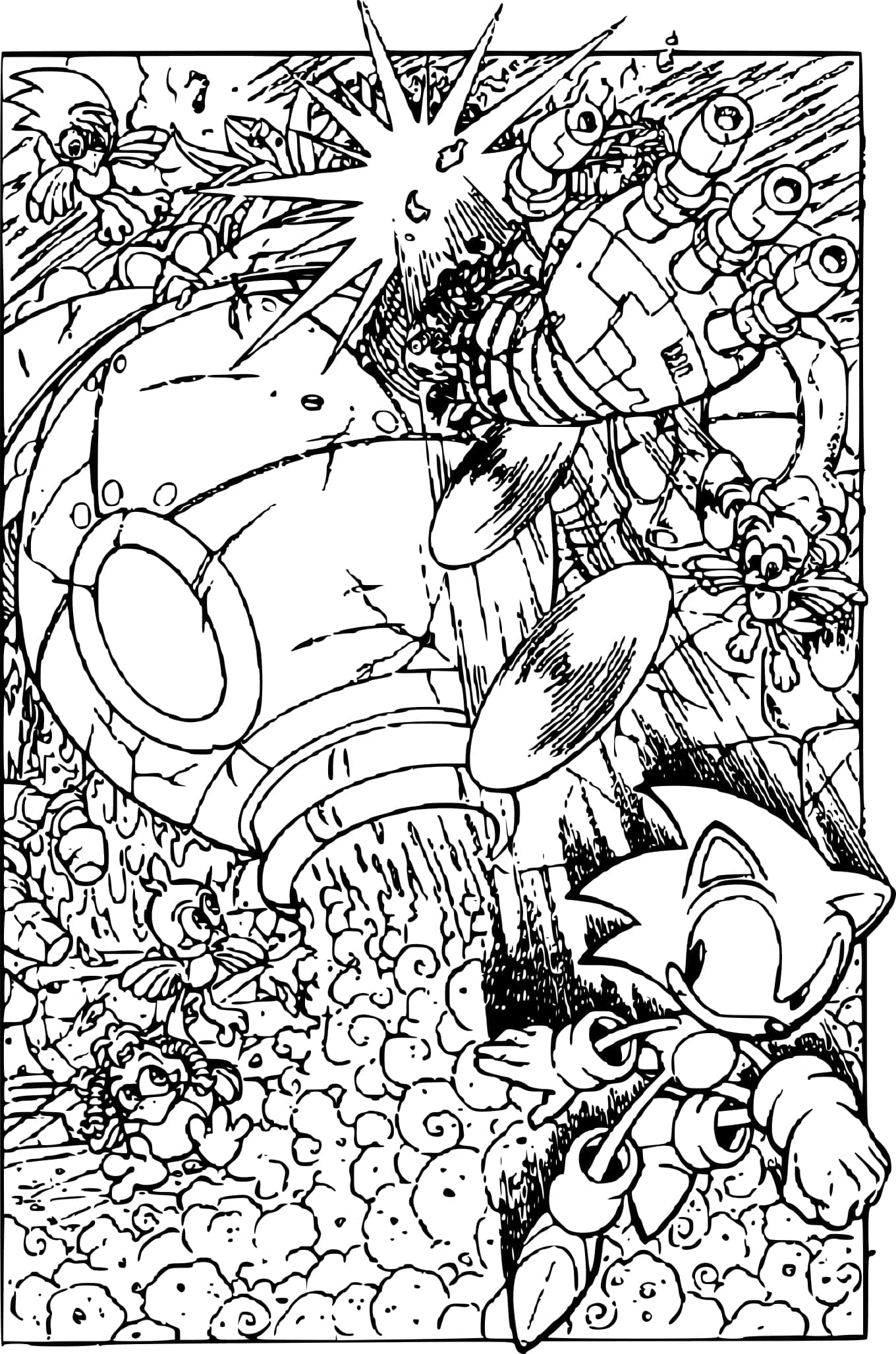 Fight 桌布 壁紙 — Sonic the Hedgehog 在一個混亂場景中疾馳，有巨型機器人和爆炸，以動感黑白漫畫格呈現。