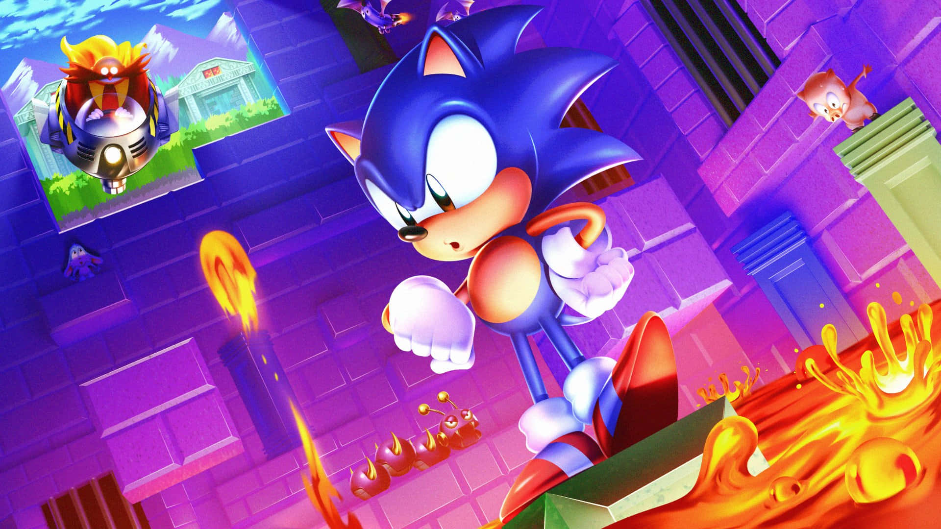  壁紙 — Sonic the Hedgehog 在火焰噴發的紫色城堡走廊中疾馳。