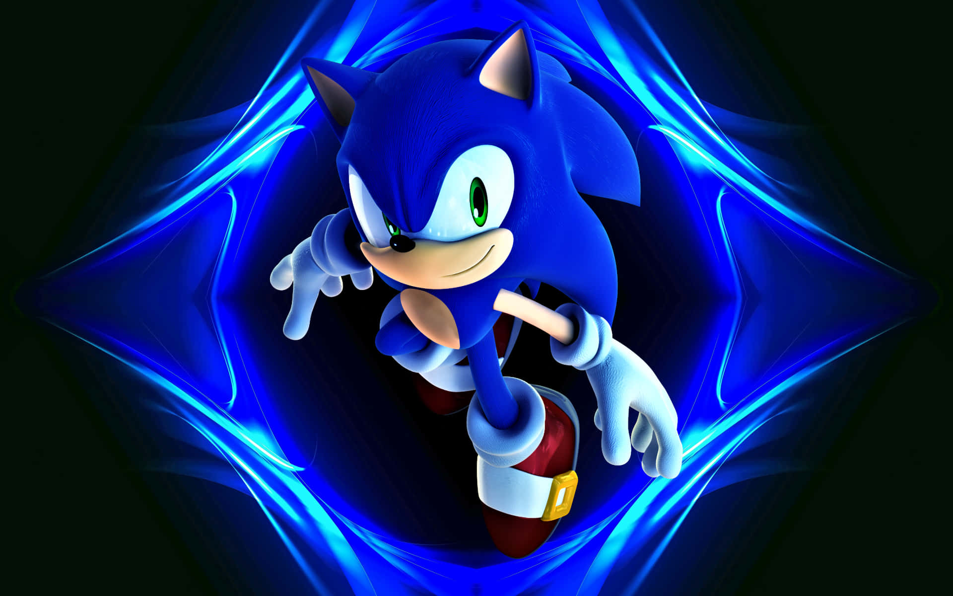 桌布 壁紙 — Sonic the Hedgehog 自信地笑著衝過發光的藍色能量隧道。