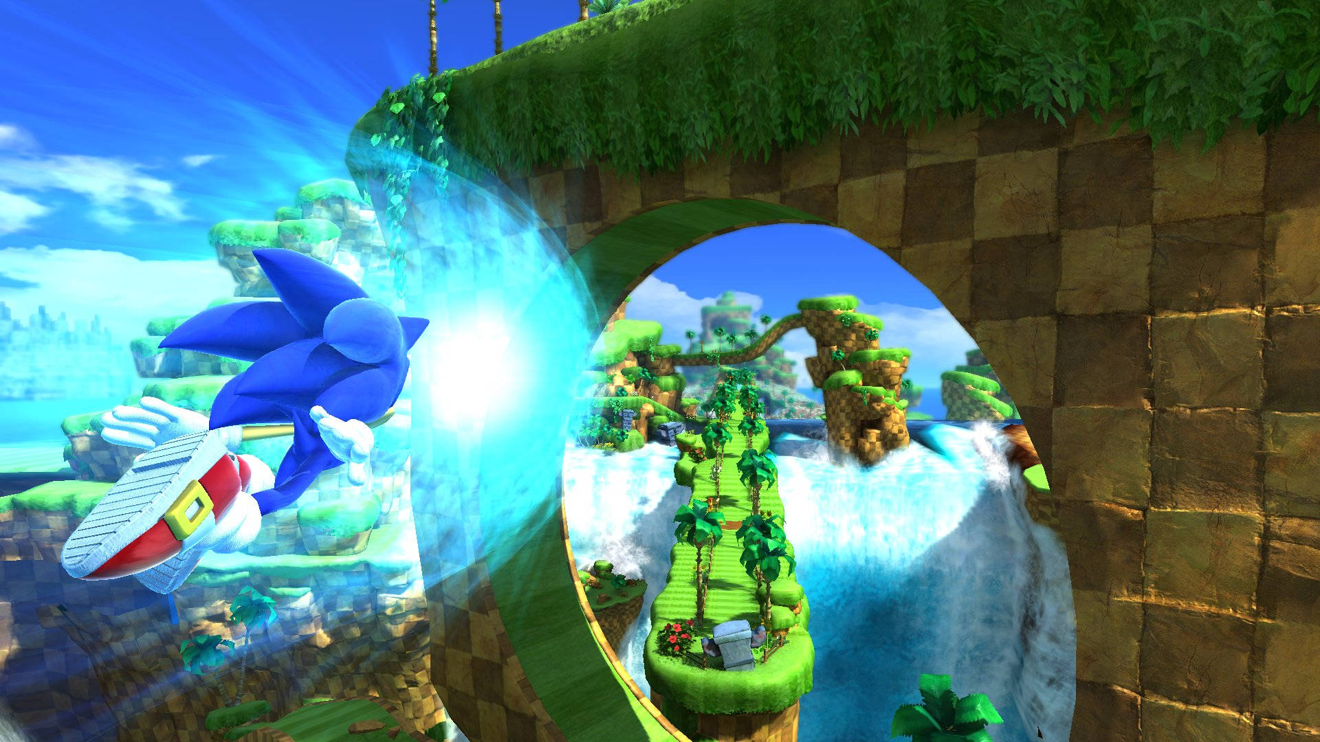 電玩遊戲 桌布 壁紙 — Sonic the Hedgehog 穿過發光的藍色圓環，在充滿活力的 3D 遊戲世界中奔馳，其中有浮島和瀑布。