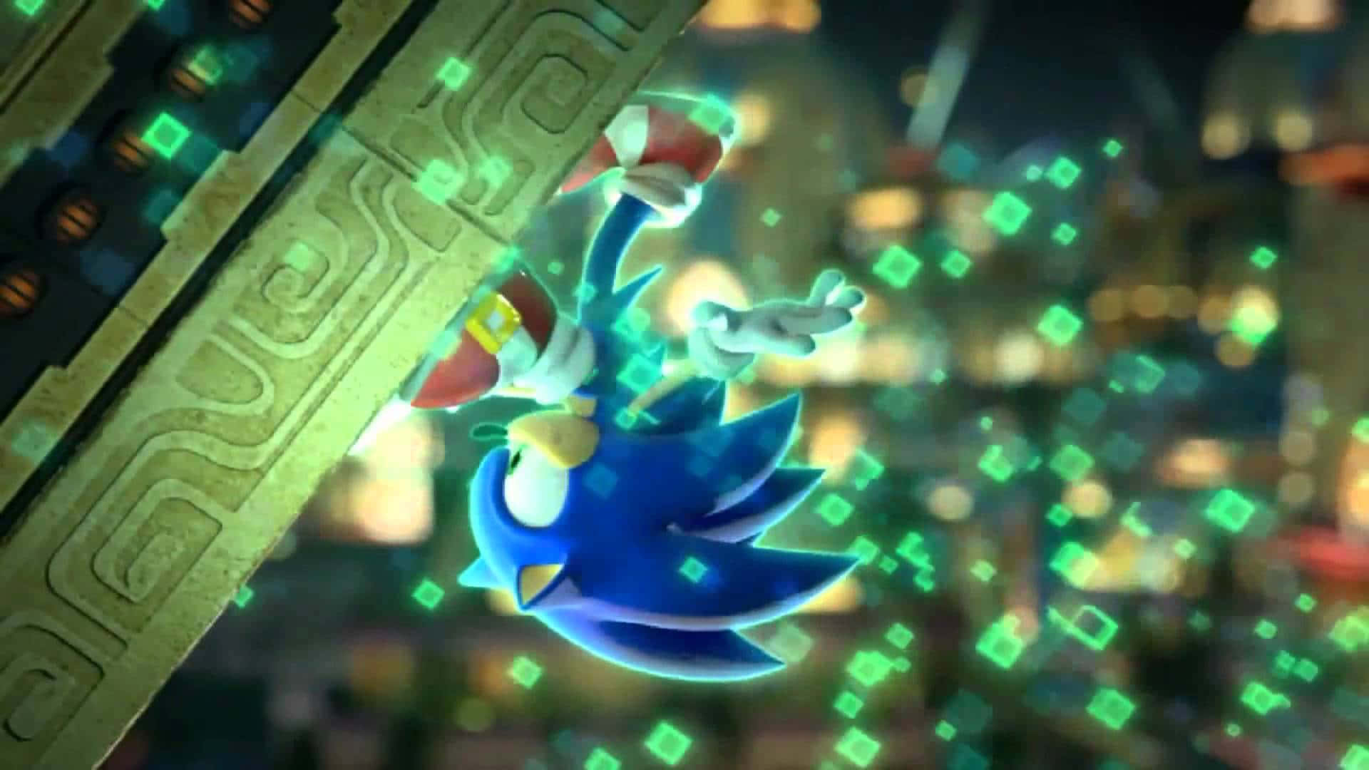 Sonic Colors 桌布 壁紙 — Sonic the Hedgehog 在發光綠色數位城市景觀中疾馳，帶有動態模糊和像素效果。