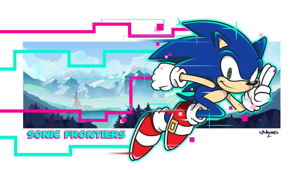 Sonic Ice Cap Zone 桌布 壁紙 — Sonic the Hedgehog 在由螢光粉紅和青綠色數位線條框住的山景中疾馳。