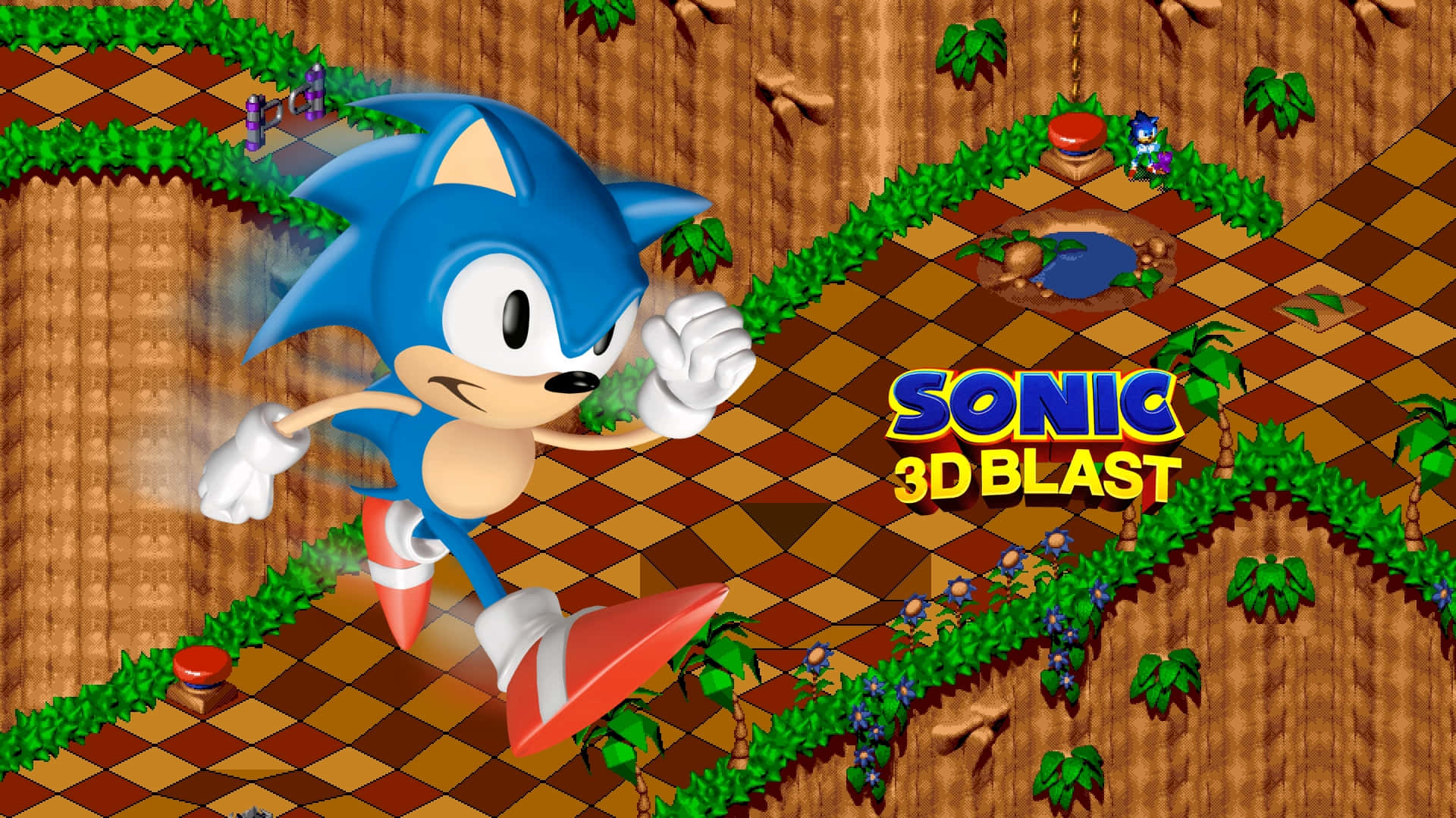 Sonic 3d Blast 桌布 壁紙 — Sonic the Hedgehog 在充滿活力的3D遊戲關卡中疾馳，地面是格子圖案，還有綠色藤蔓。