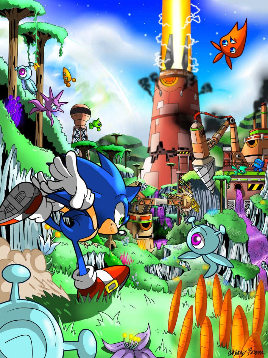 Sonic Planet Wisp 桌布 壁紙 — Sonic the Hedgehog 在星空下穿越一個充滿漂浮生物和高聳工業建築的充滿活力外星叢林。