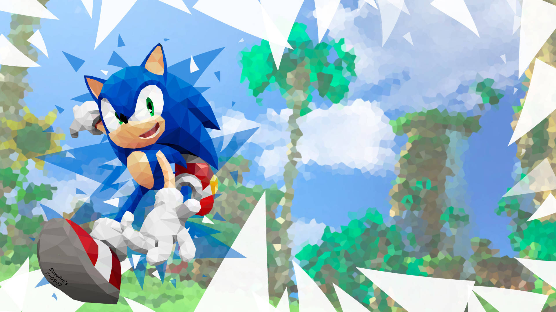 電玩遊戲 桌布 壁紙 — Sonic the Hedgehog 以幾何低多邊形藝術風格穿過充滿活力的森林。