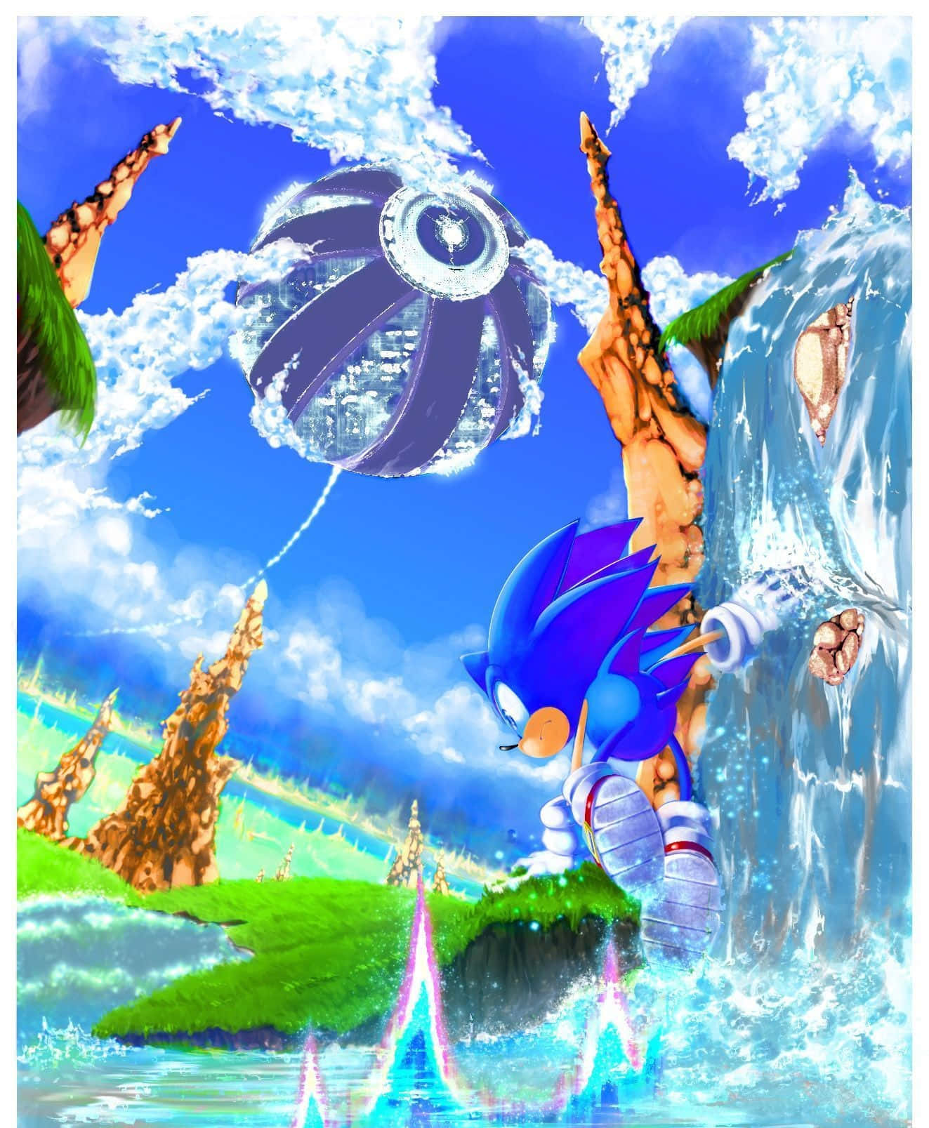 Sonic Cd 桌布 壁紙 — Sonic the Hedgehog 在明亮的藍天下，穿過有瀑布和浮島的鮮綠色風景飛馳。