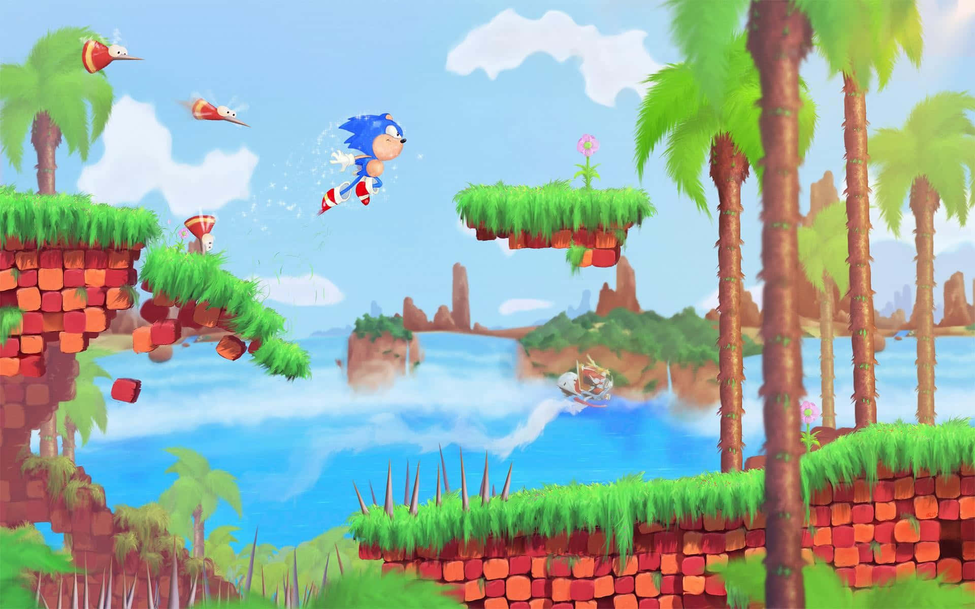 Sonic Cd 桌布 壁紙 — Sonic the Hedgehog 在明亮的藍天下，穿過充滿浮動平台和棕櫚樹的活力叢林關卡。