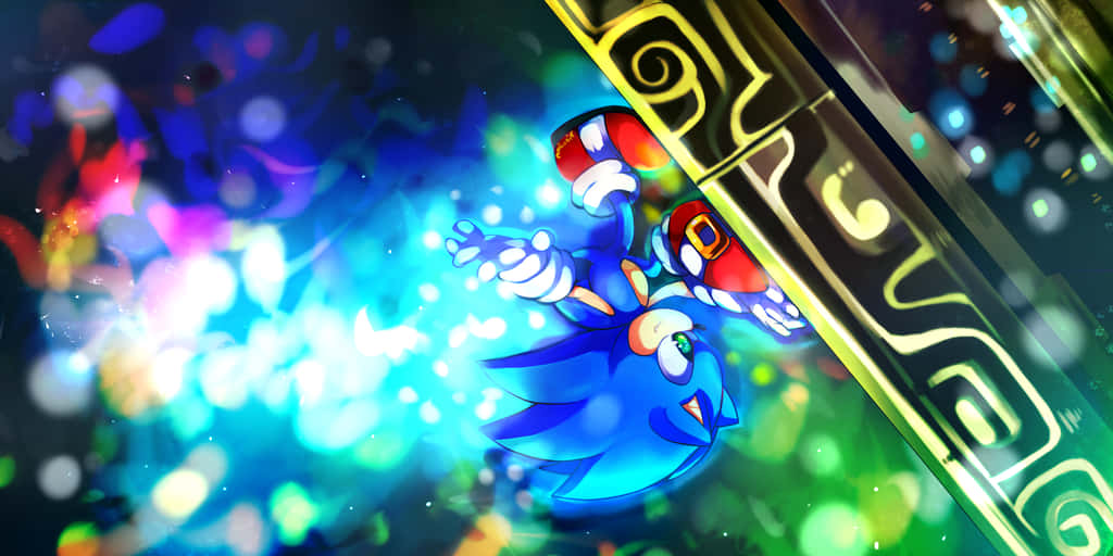遊戲 桌布 壁紙 — Sonic the Hedgehog 穿過充滿活力的霓虹隧道，發光的粒子和抽象圖案在他周圍旋轉。