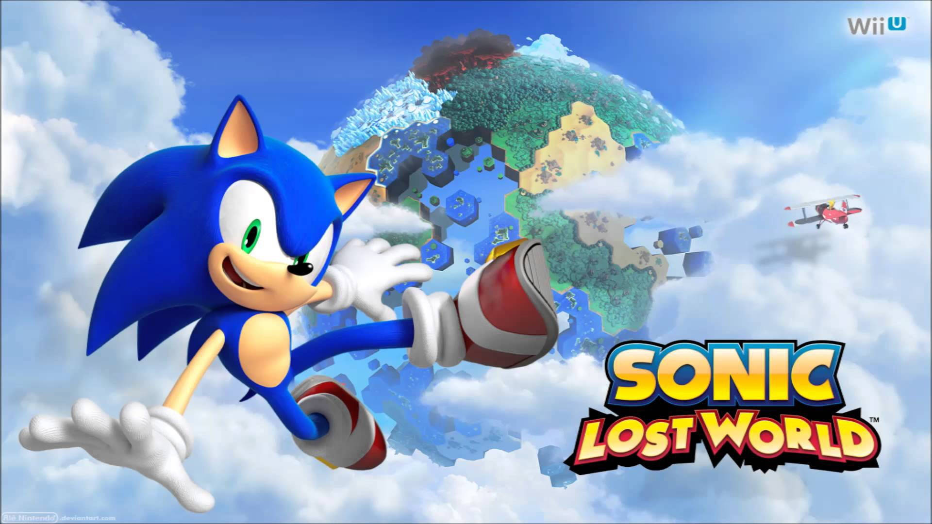 World 桌布 壁紙 — Sonic the Hedgehog 在浮島世界上方衝過雲層，附近有一架雙翼飛機飛過。