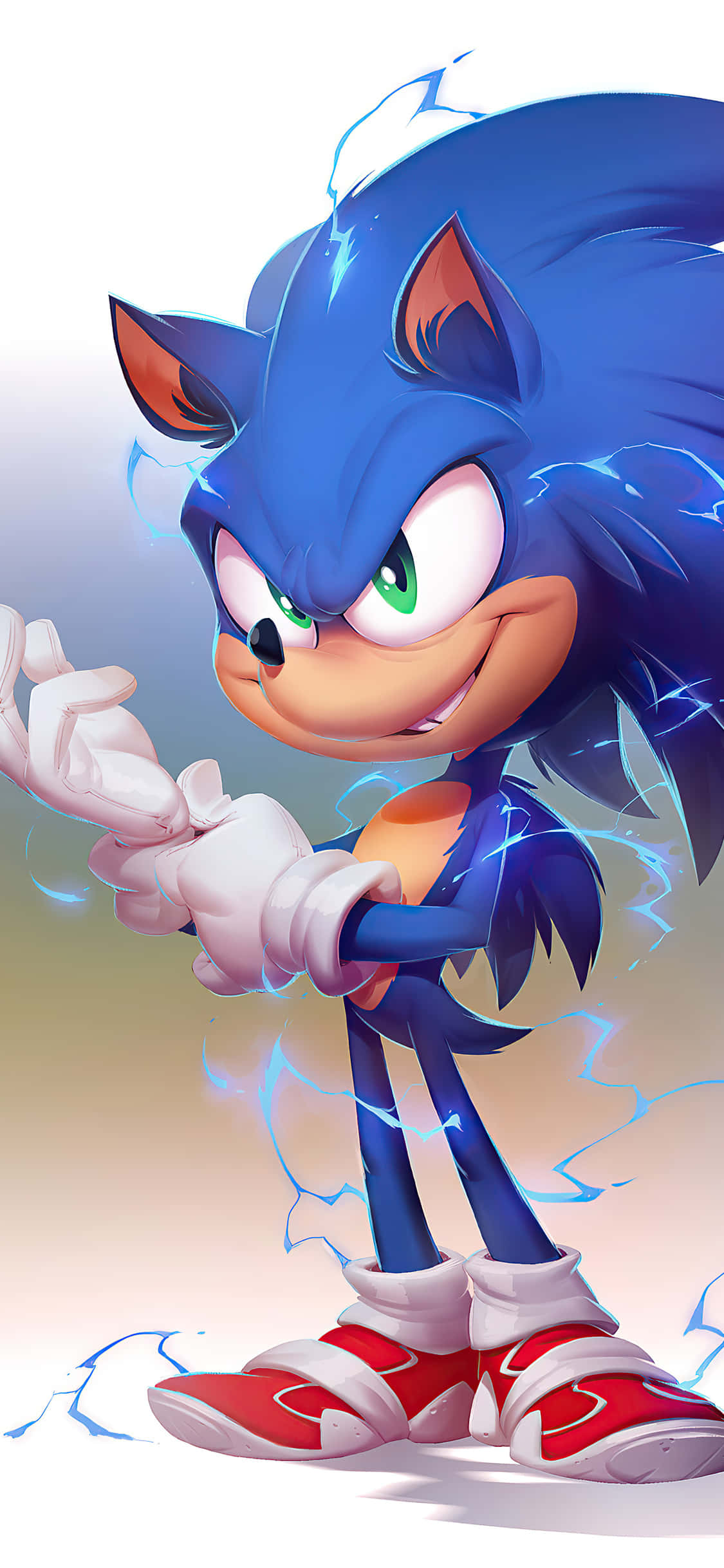 Sonic Fan Art 桌布 壁紙 — Sonic the Hedgehog 動態地站立，周圍有電藍色能量在柔和的漸變背景前噼啪作響。