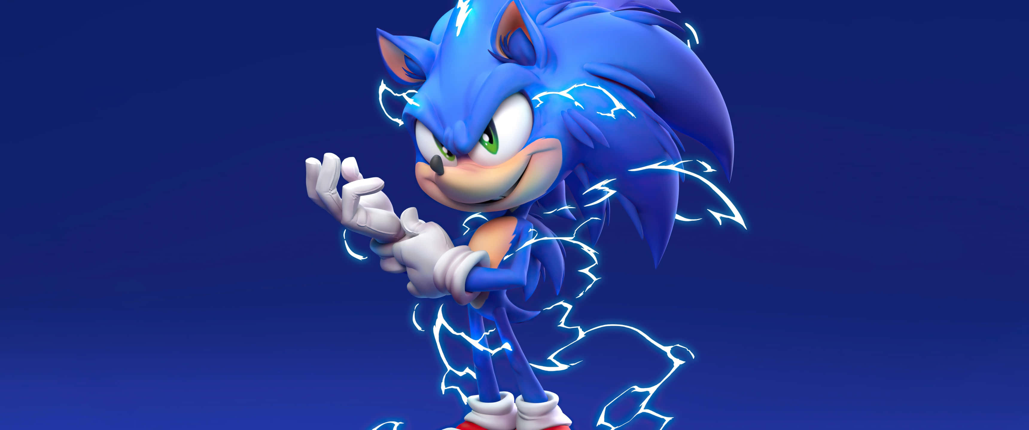 Sonic The Hedgehog 桌布 壁紙 — Sonic the Hedgehog 動態地站在深藍色漸變背景上，被發光的藍色閃電包圍。