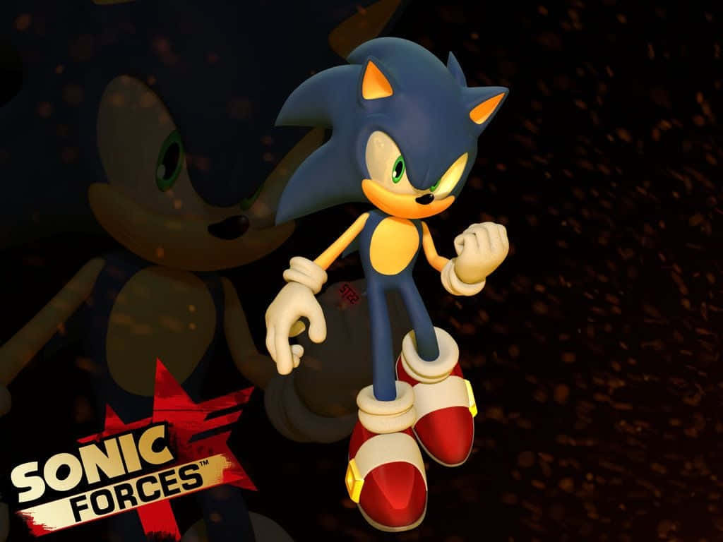 Sonic City Escape 桌布 壁紙 — Sonic the Hedgehog 動態地站在一個充滿粒子的黑暗場景中，背後有模糊的自畫像。