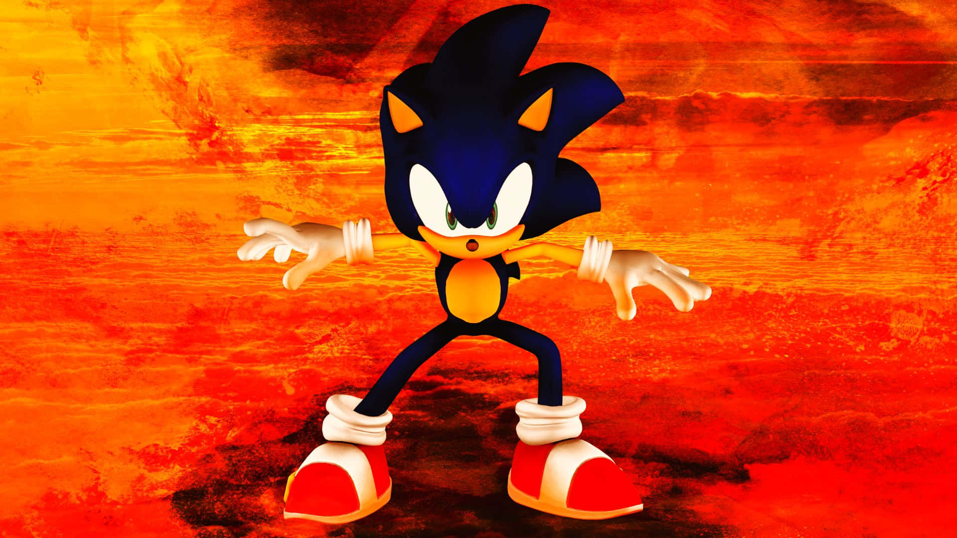 Sonic And The Secret Rings 桌布 壁紙 — Sonic the Hedgehog 動態地站在火熱的橙色和紅色紋理背景前。