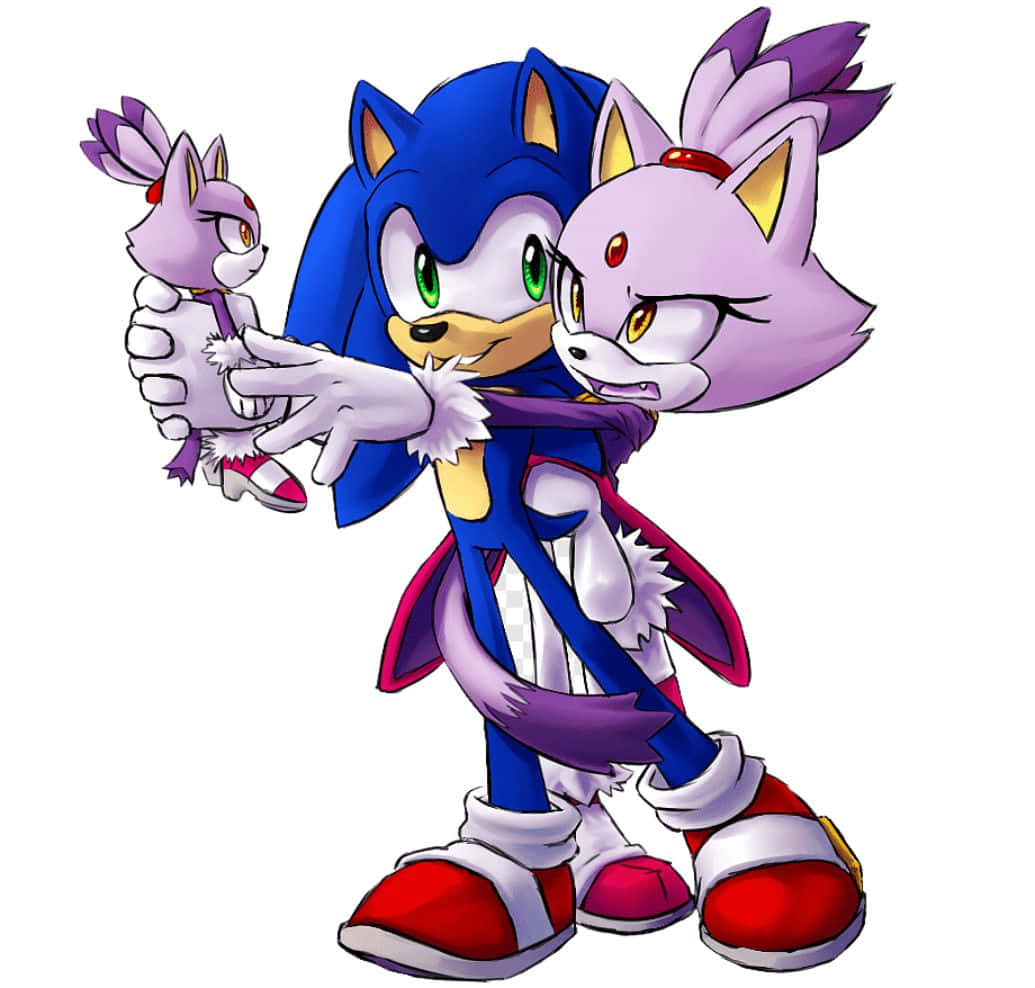 Sonic And Blaze 桌布 壁紙 — Sonic the Hedgehog 在純白色背景上以動態動漫風格姿勢擁抱兩隻紫色狐狸。