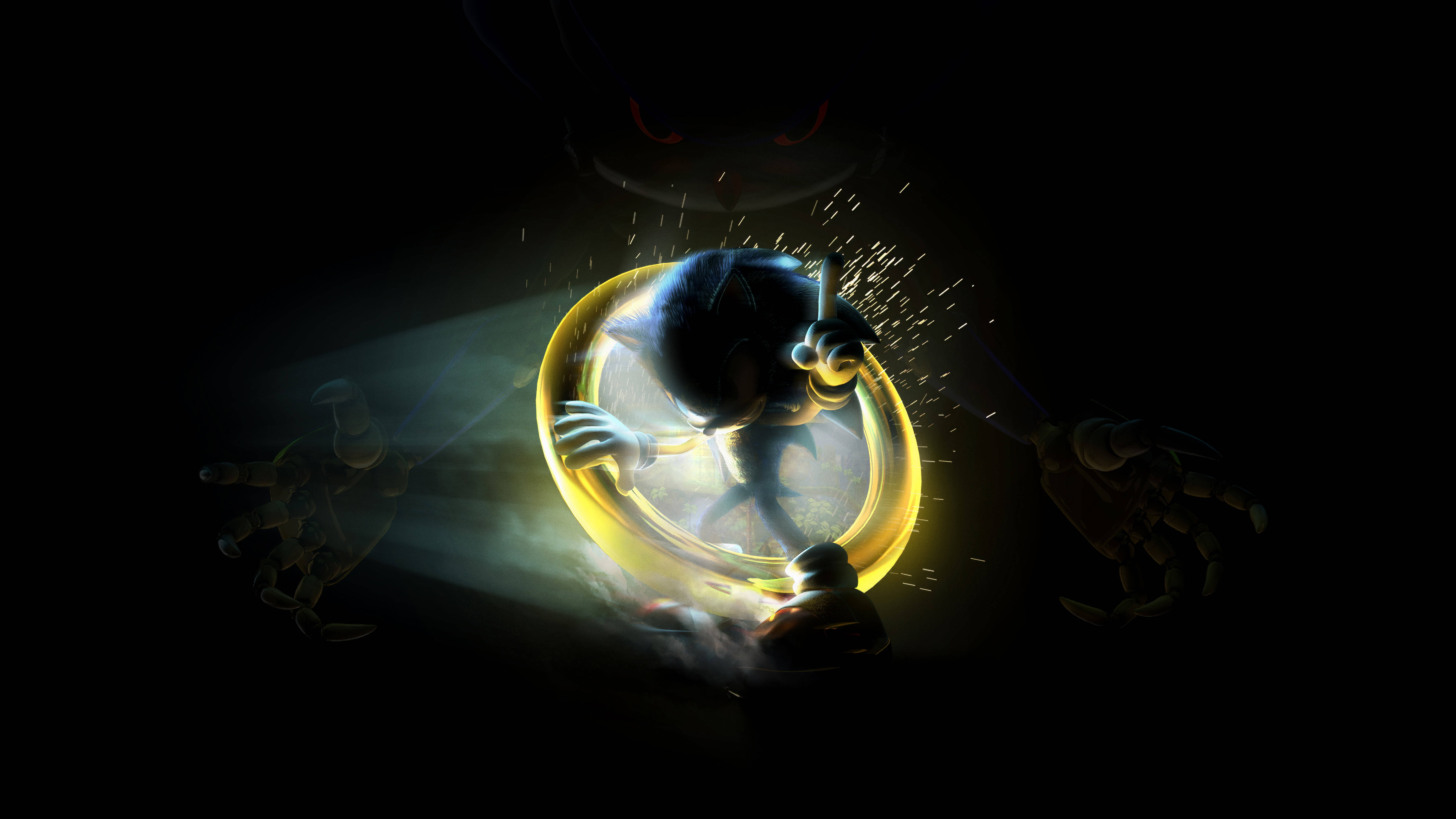 電玩遊戲 桌布 壁紙 — Sonic the Hedgehog 被包裹在一個發光的金色圓環中，陰影般的手在黑暗的電影場景中向他伸來。