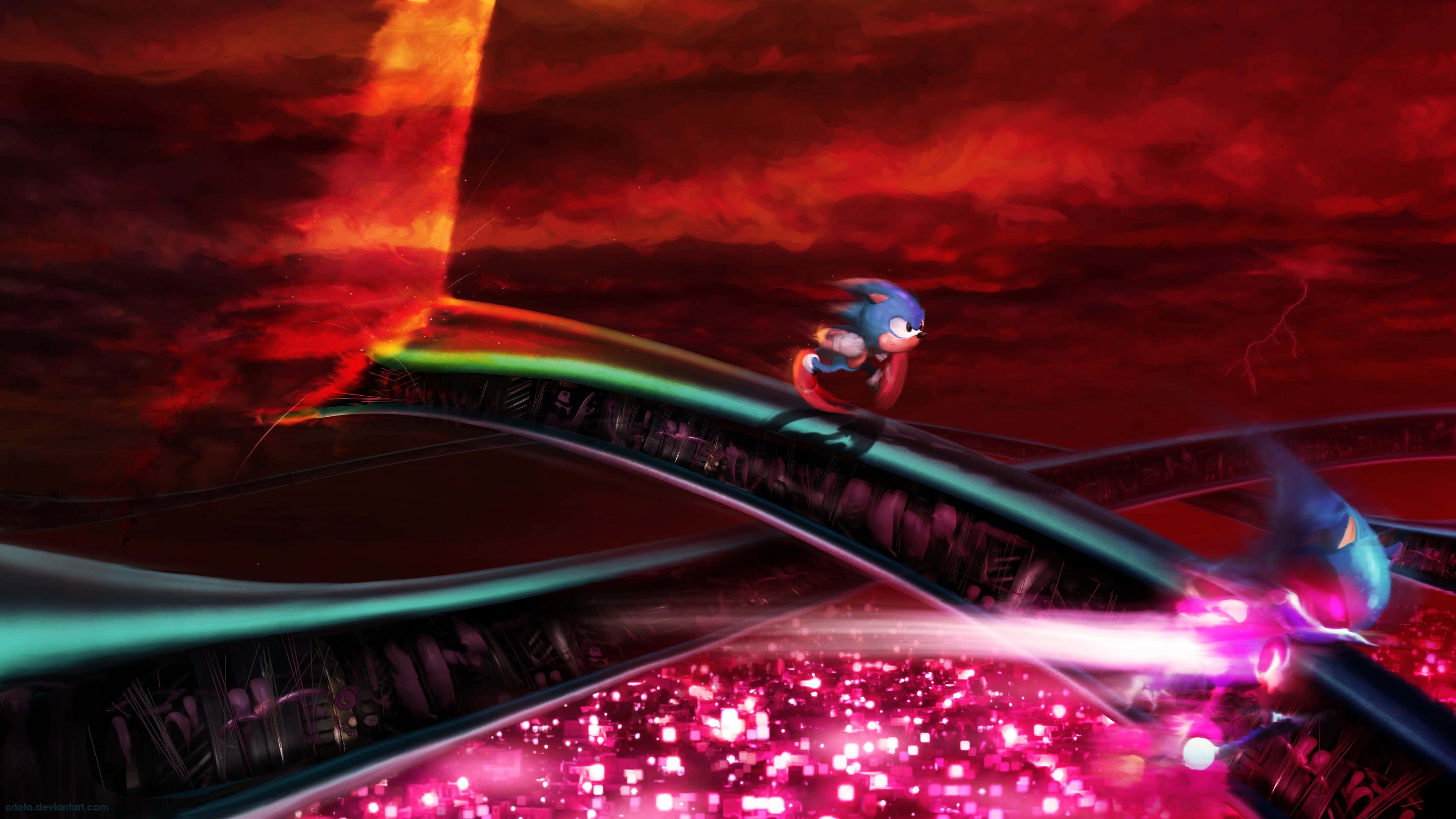 Sonic Cd 桌布 壁紙 — Sonic the Hedgehog 在發光的賽道上奔馳，穿過火紅的天空，有閃電和發光的城市在下方。